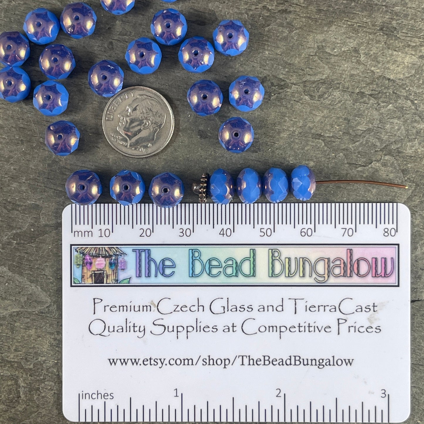 Dark Cornflower Blue Opaline Rondelles, 8x6mm Czech Glass Beads, Blue Glass with Bronze Picasso (R8/N-0950) * Qty. 25