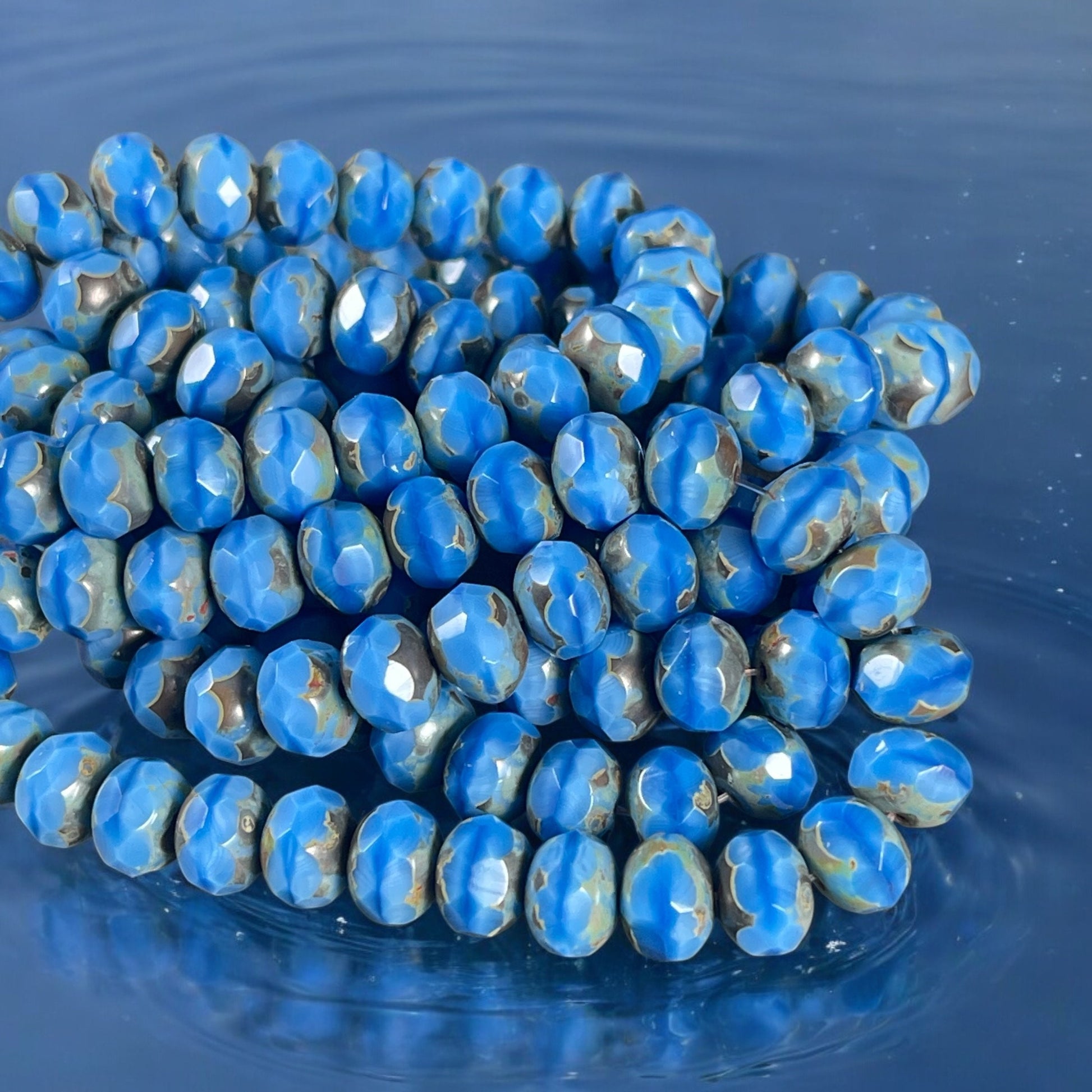 Cornflower Blue Rondelles, 8x6mm Czech Glass Beads - Medium Blue Picasso Beads (R8/N-0570) * Qty. 25