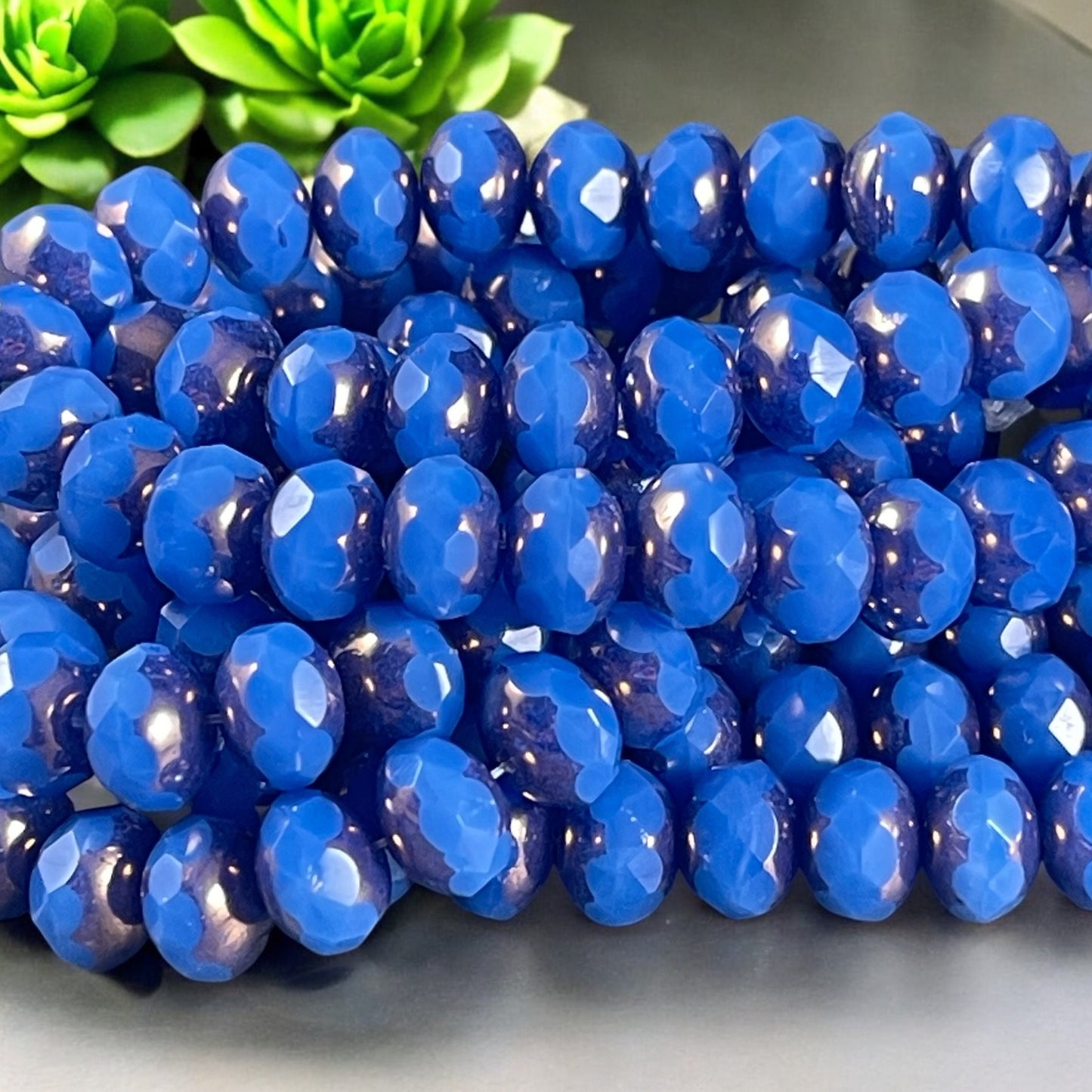 Dark Cornflower Blue Opaline Rondelles, 8x6mm Czech Glass Beads, Blue Glass with Bronze Picasso (R8/N-0950) * Qty. 25