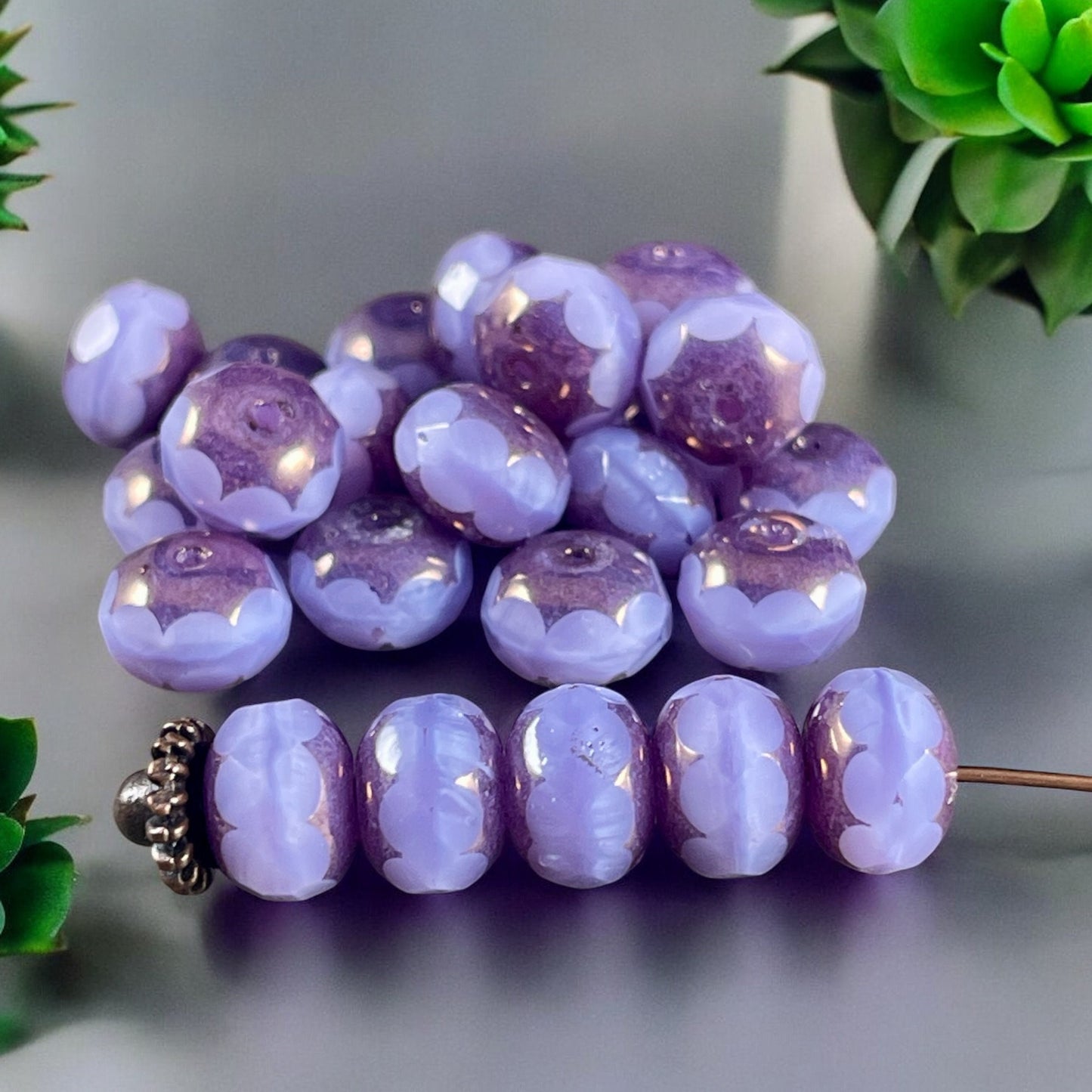 Czech Beads - 8x6mm Faceted Rondelle, Light Purple Thistle with Bronze Picasso (R8/N-1546) * 25 Beads