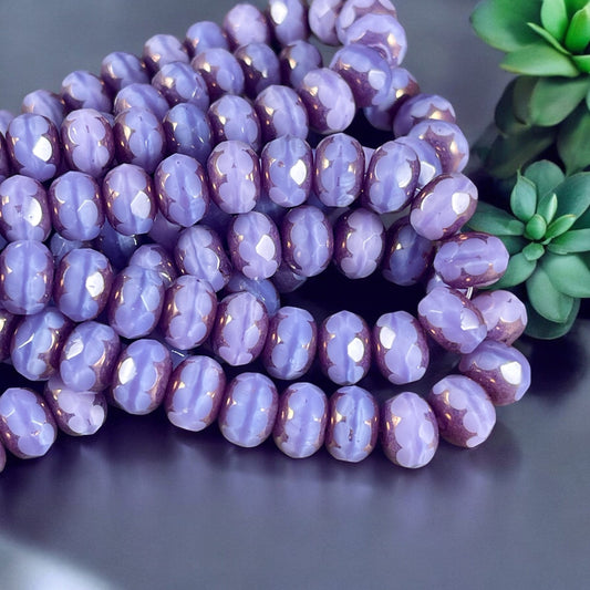 Lilac Purple Silk Czech Glass Beads, 8x6mm Faceted Rondelle, Light Purple Thistle with Bronze Picasso (R8/N-1546) * Qty. 25