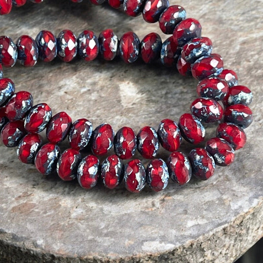 Garnet Red Picasso Beads, 5x3mm Czech Glass Beads, Opaque Dark Red Opaline Rondelles (R5/N-0873) * Qty 30