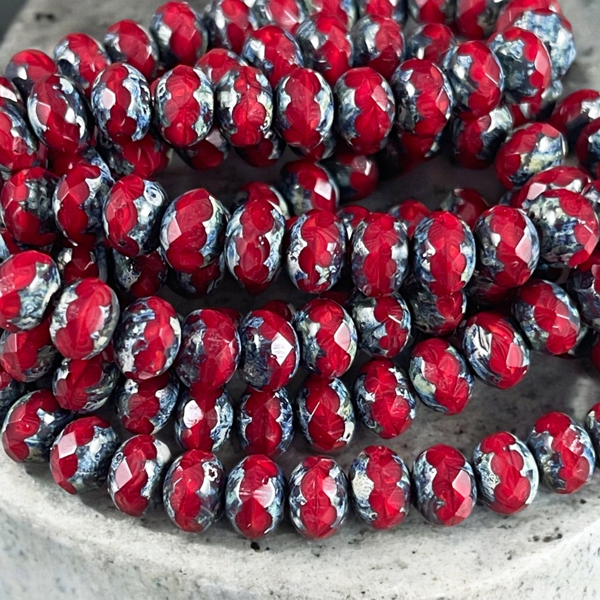 Cranberry Red Silk Picasso Beads, 7x5mm Czech Glass Rondelle, Red Opaline with Travertine Picasso (R7/N-0999) * Qty. 25