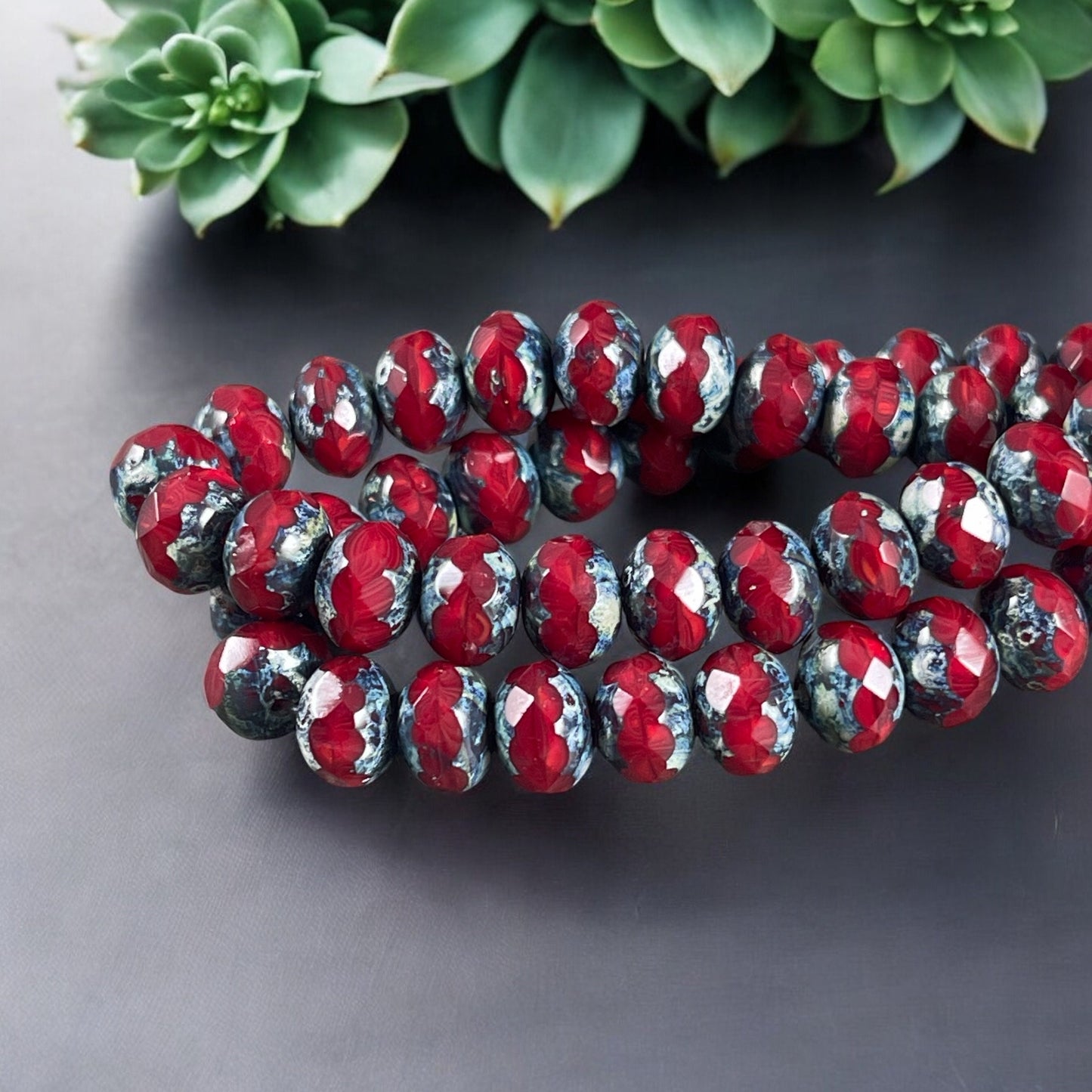 Cranberry Red Silk Picasso Beads, 7x5mm Czech Glass Rondelle, Red Opaline with Travertine Picasso (R7/N-0999) * Qty. 25