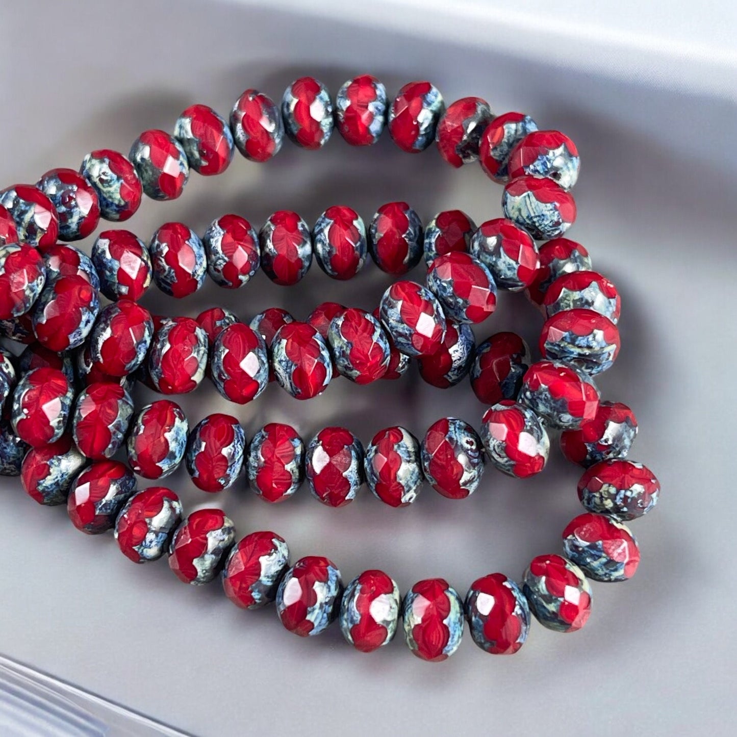 Cranberry Red Silk Picasso Beads, 7x5mm Czech Glass Rondelle, Red Opaline with Travertine Picasso (R7/N-0999) * Qty. 25