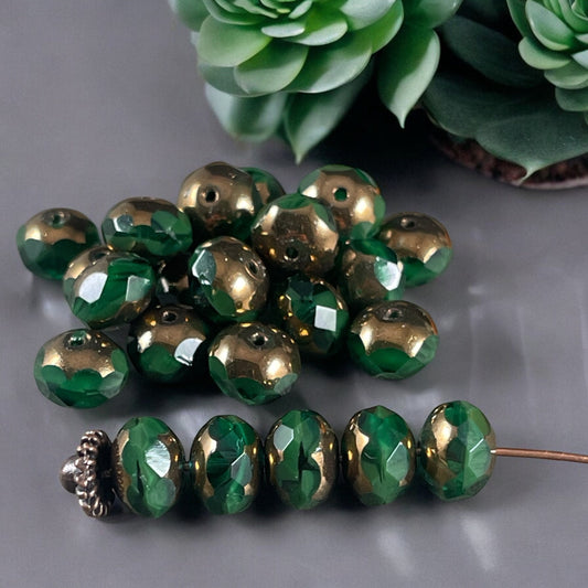 Emerald Green Rondelles, 8x6mm Czech Glass Beads, Dark Green Rondelles with Bronze Picasso (R8/N-1815) * Qty. 25