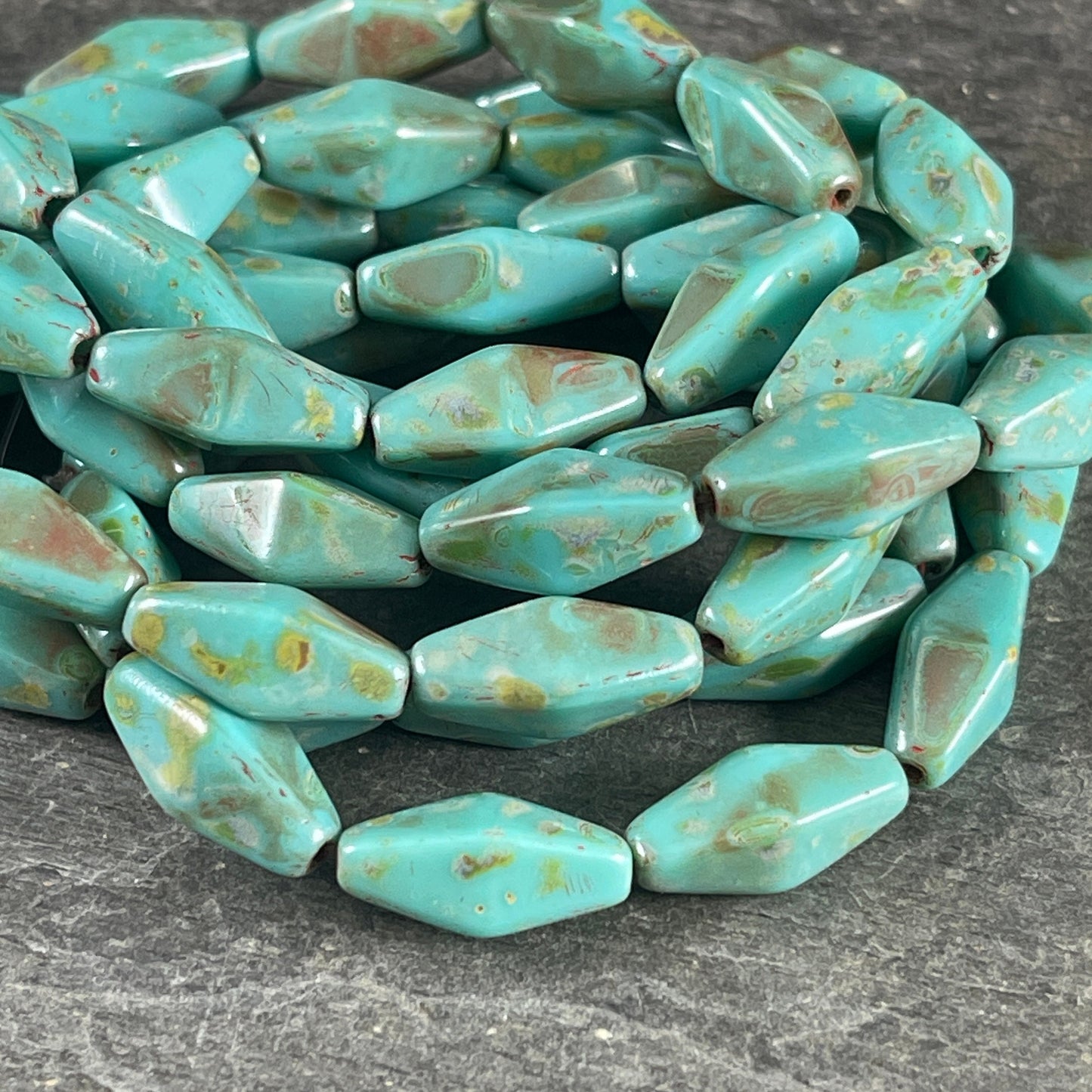 14x7mm Rhombus Beads, Czech Glass Beads, Turquoise Picasso (RHO/0697) * Qty. 10 Beads