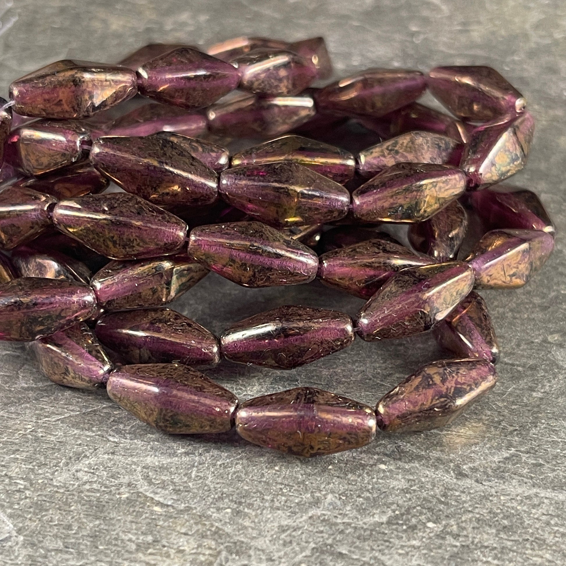 14x7mm Rhombus Beads, Czech Glass Beads, Dark Amethyst with Marbled Bronze Luster (RHO/0727) * Qty. 10 Beads