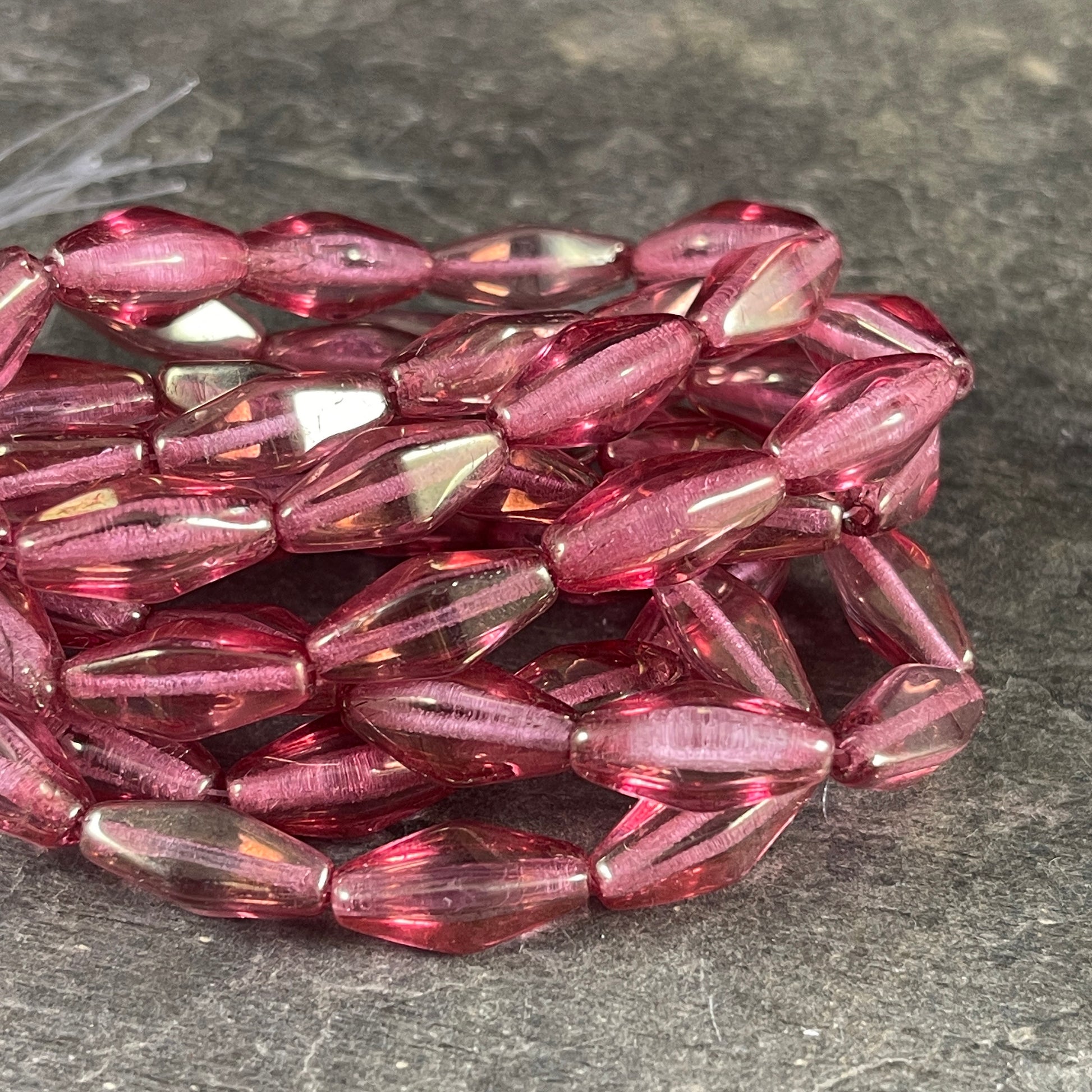 14x7mm Rhombus Beads, Czech Glass Beads, Transparent Rose Pink with Gold Luster (RHO/0758) * Qty. 10 Beads