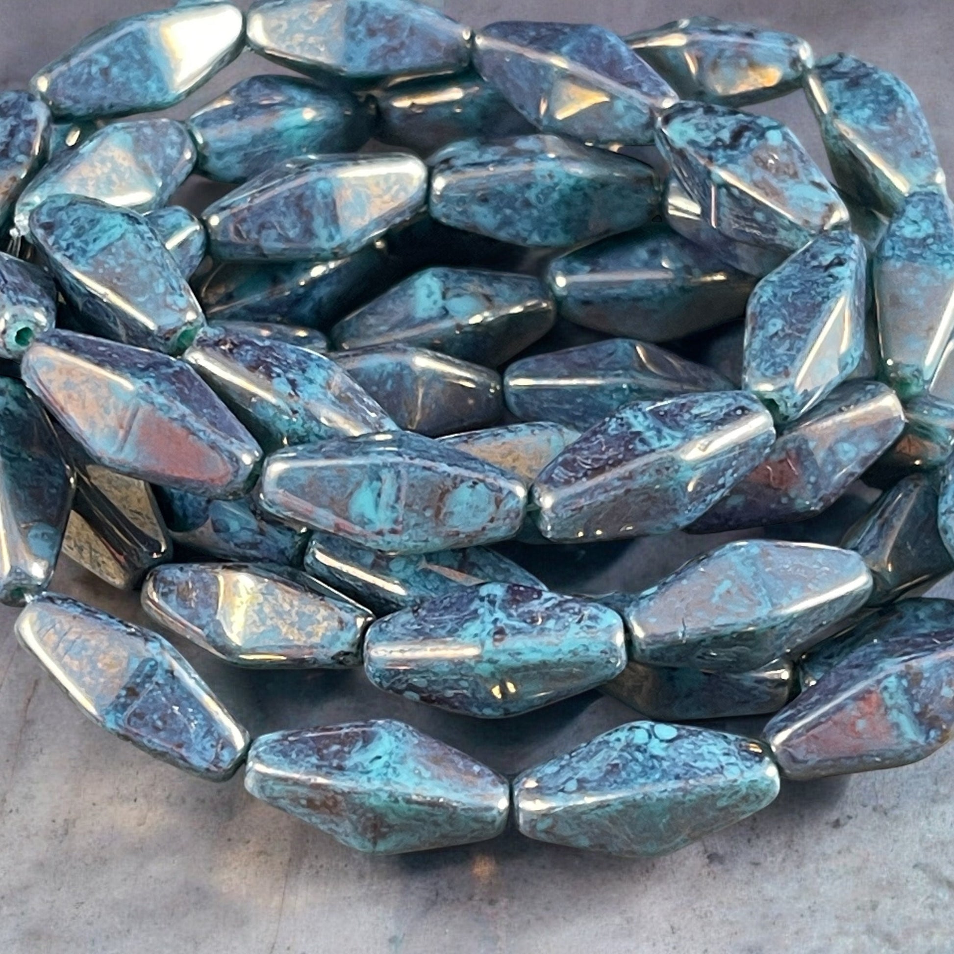 14x7mm Rhombus Beads, Czech Glass Beads, Turquoise with Marbled Bronze Luster (RHO/0726) * Qty. 10 Beads