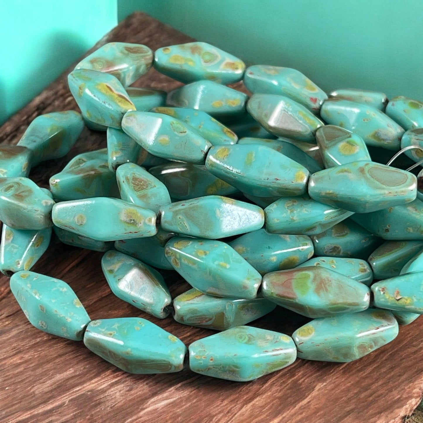 Czech Beads - 14x7mm Rhombus, Turquoise Picasso (RHO/N-0697) * 10 Beads