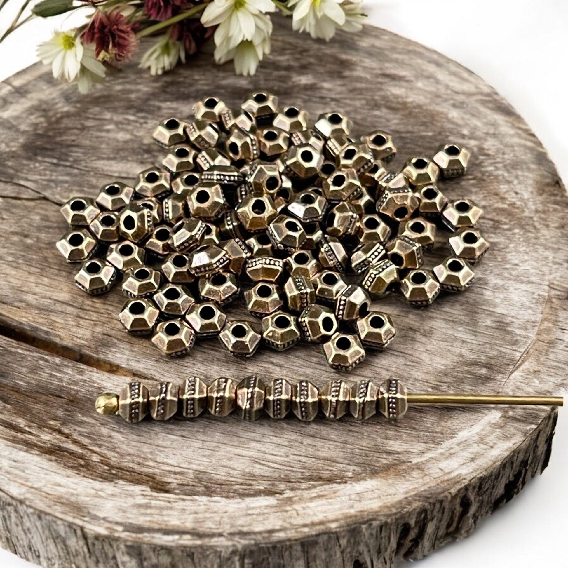 TierraCast 3mm Hexagon Bead, Faceted 3mm Spacer Bead, Tiny Antiqued Brass Bead (PF/392-57) * Qty. 50