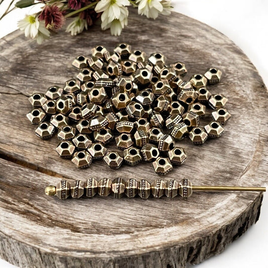 TierraCast 3mm Hexagon Bead, Faceted 3mm Spacer Bead, Tiny Antiqued Brass Bead (PF/392-57) * Qty. 50