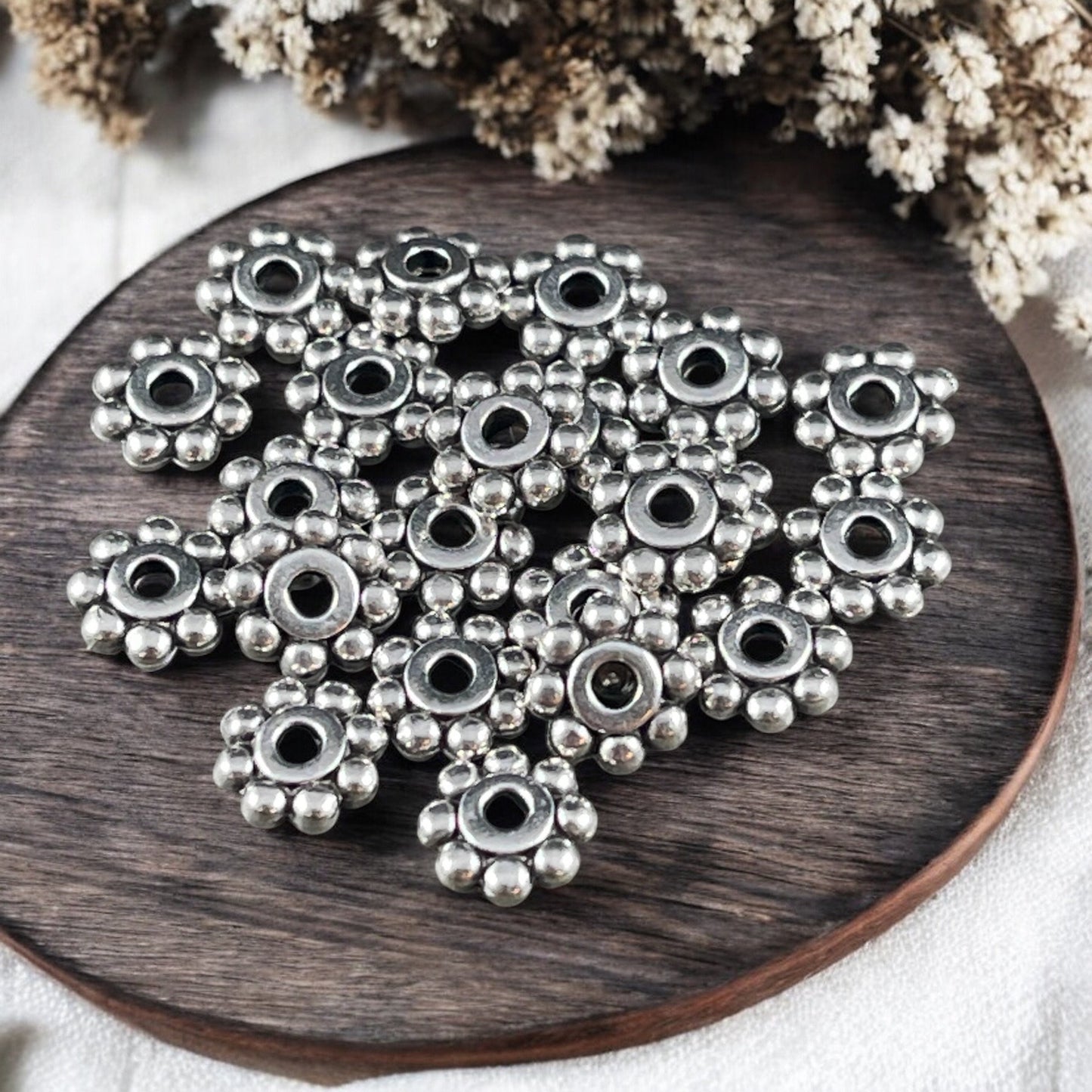 NEW TierraCast 6mm Beaded Daisy Spacer, Antiqued Fine Silver Plated Beads (PF/385-77) * Qty. 20