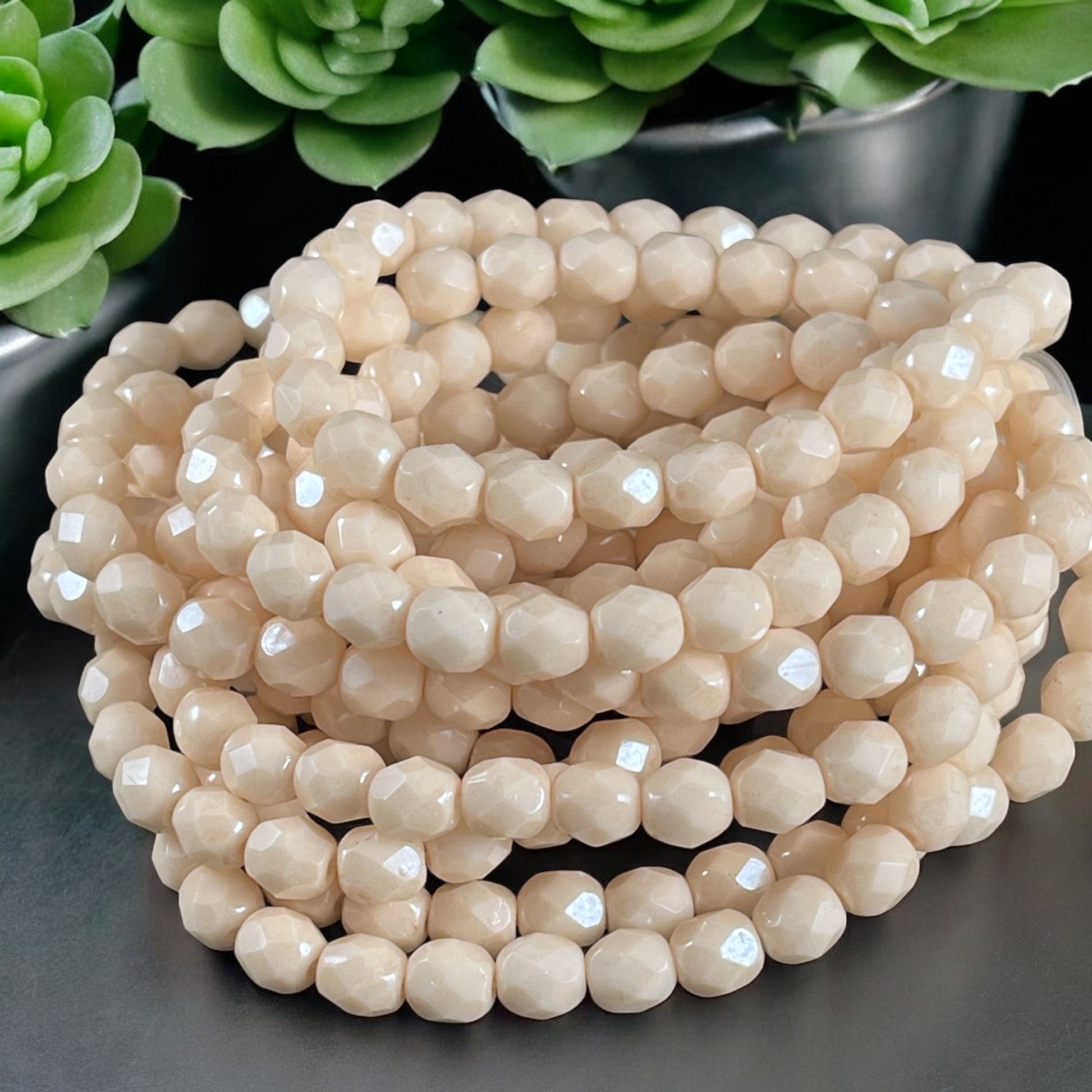 6mm Beige Luster Fire Polished Faceted Round Beads (FP6/N-006) * Qty. 25