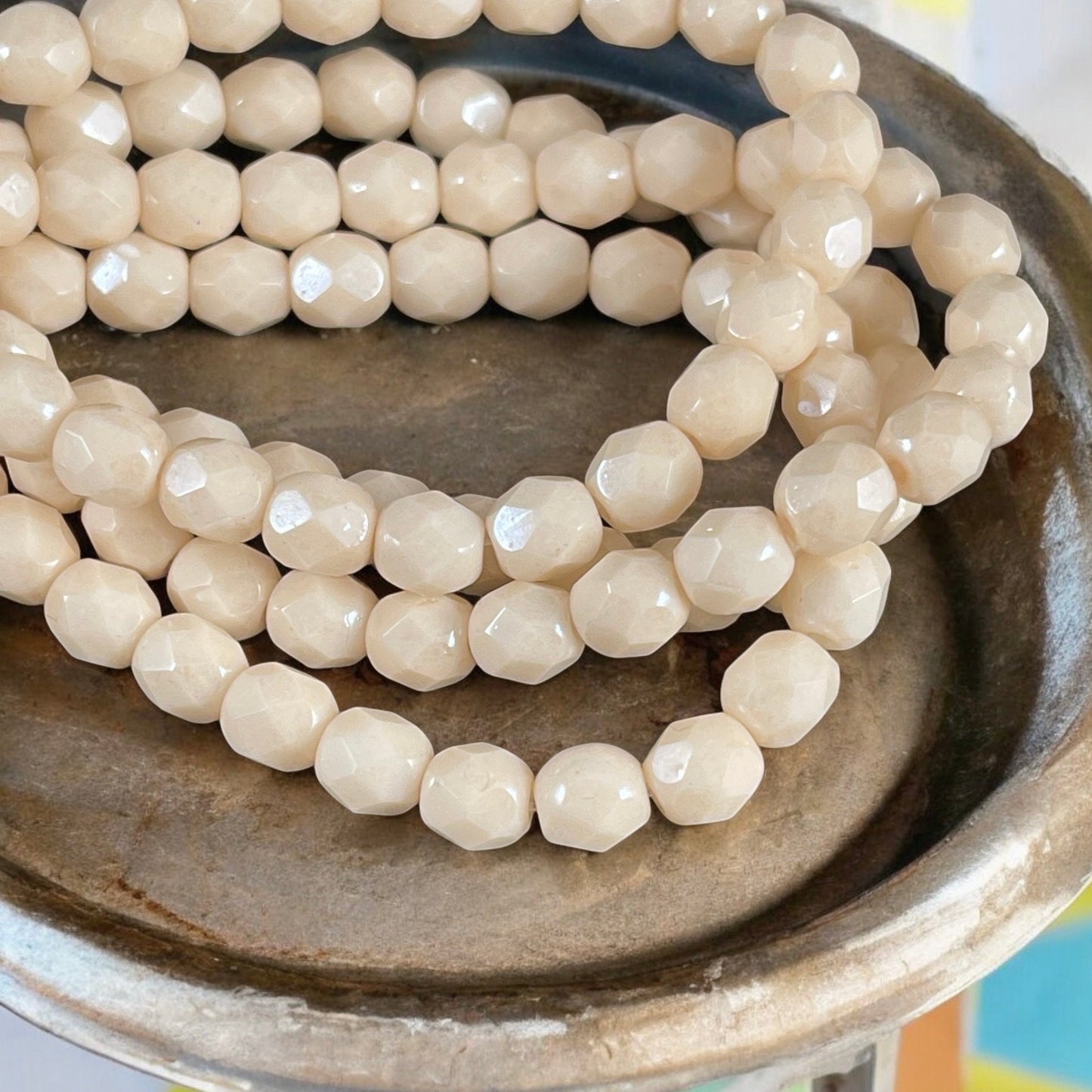 Czech Glass Beads - 6mm Faceted Round Opaque Beige Luster (FP6/N-006) * Qty. 25