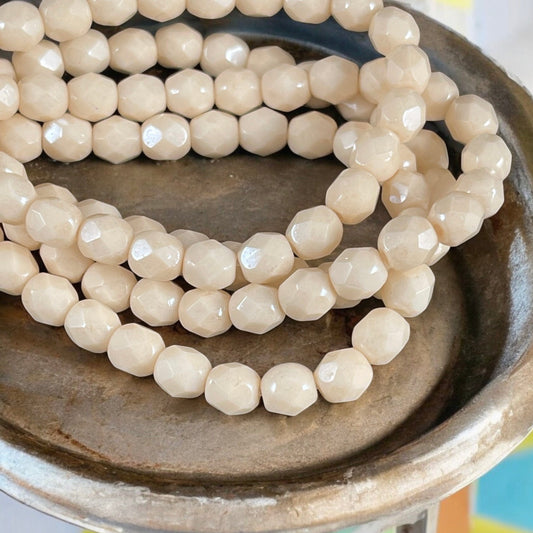 Czech Glass Beads - 6mm Faceted Round Opaque Beige Luster (FP6/N-006) * Qty. 25