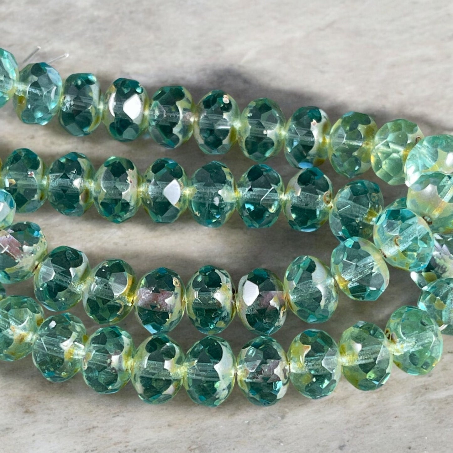 Czech Beads, 8x6mm Faceted Rondelle, Transparent Aqua Blue with Picasso (R8/N-0597) * 25 Beads