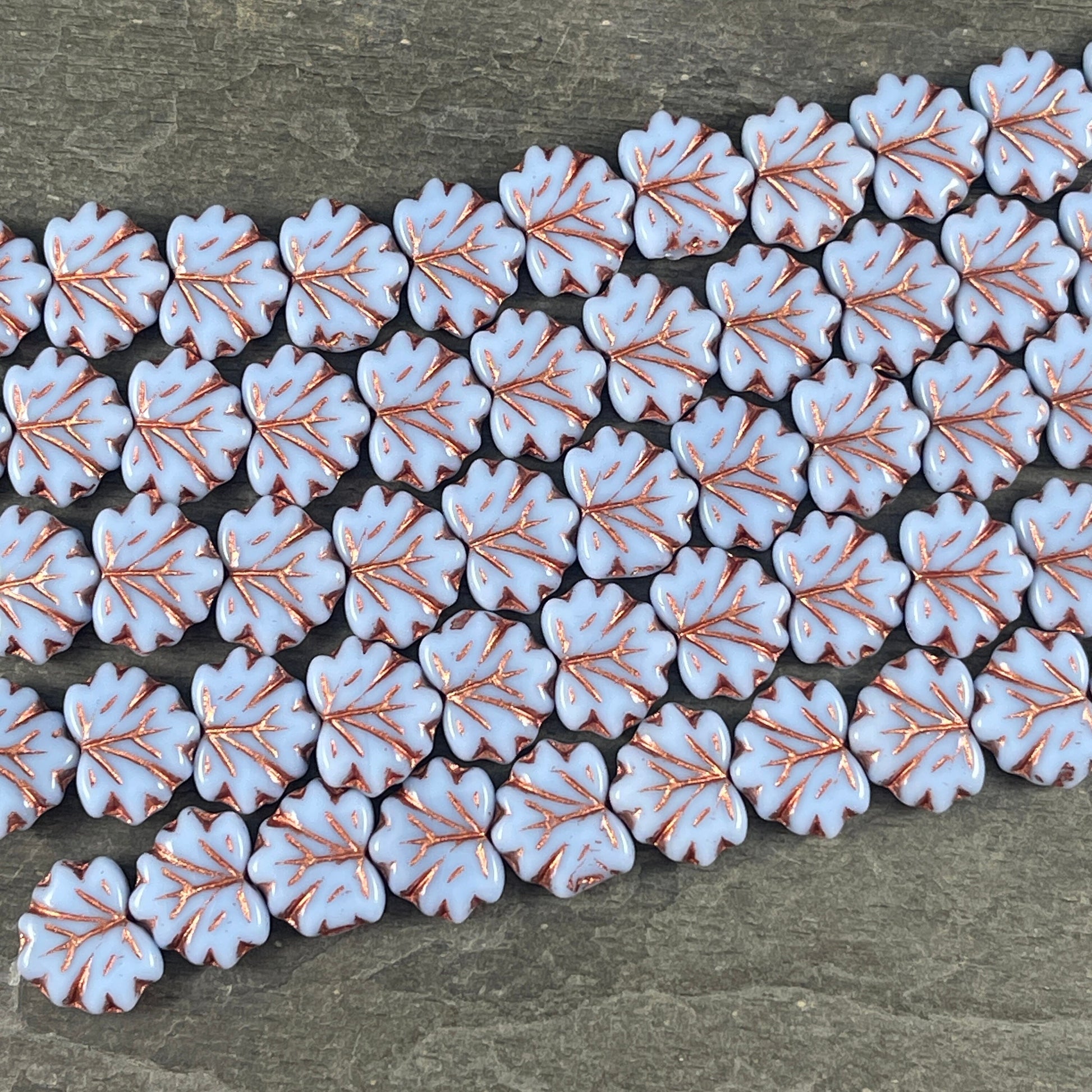 Periwinkle Maple Leaf Beads, 11x13mm Czech Glass Leaf Beads, Periwinkle Leaf with Copper Wash (ML75) * Qty. 12