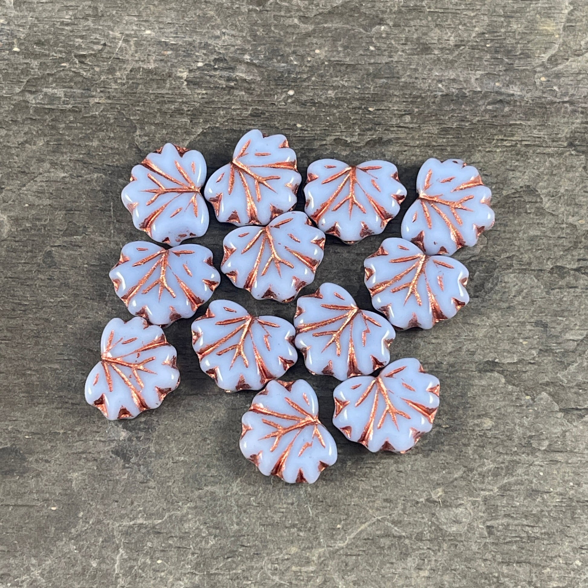 Periwinkle Maple Leaf Beads, 11x13mm Czech Glass Leaf Beads, Periwinkle Leaf with Copper Wash (ML75) * Qty. 12