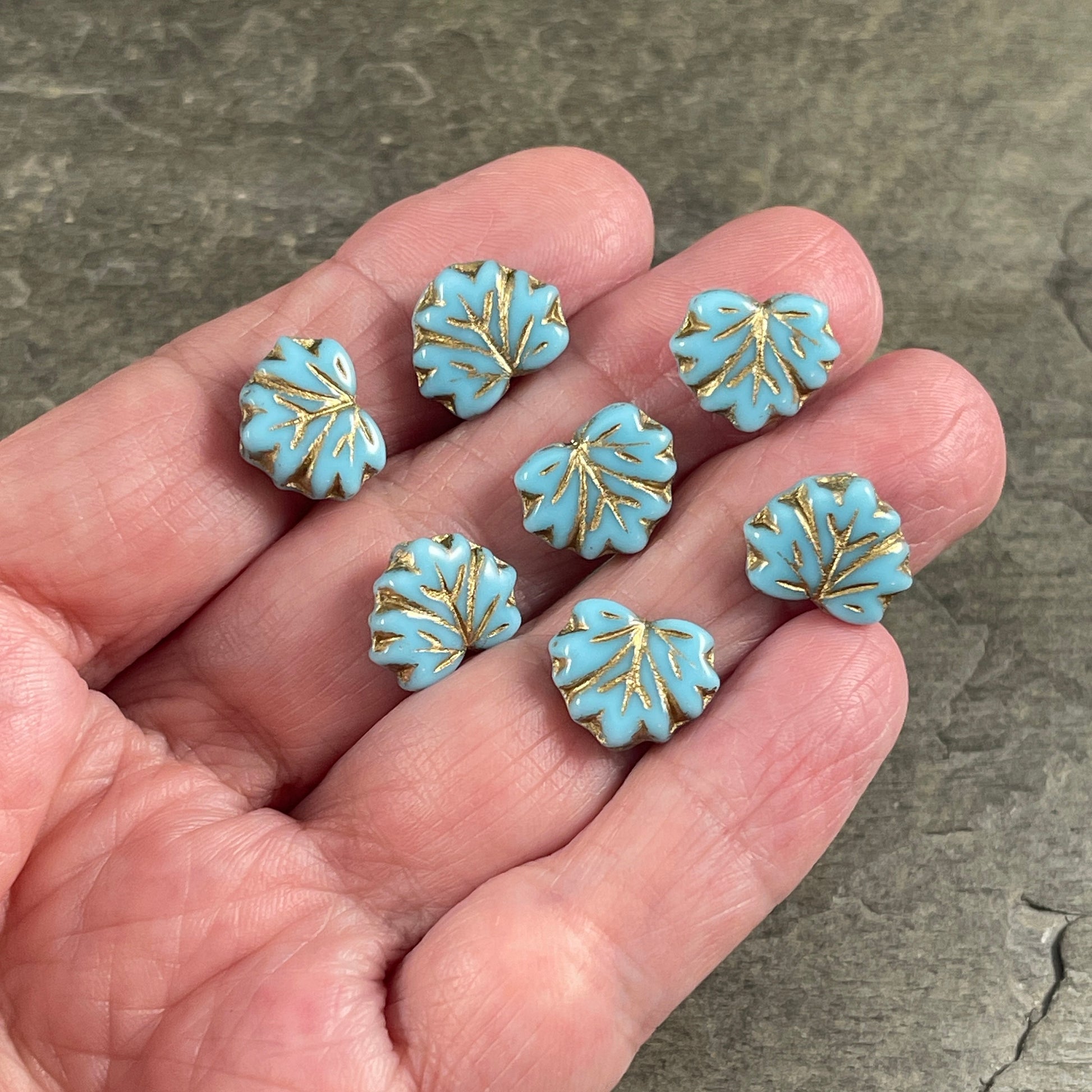 Light Blue Maple Leaf Beads, 11x13mm Czech Glass Beads, Opaque Light Blue Glass with Gold Wash (ML79) * Qty. 12