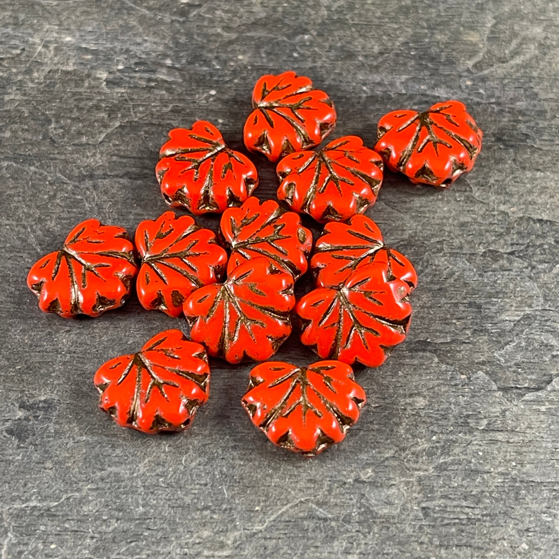 Dark Orange Maple Leaf Beads, Opaque Orange with Bronze Wash 11x13mm Czech Glass Leaf Beads (ML71) * Qty. 12