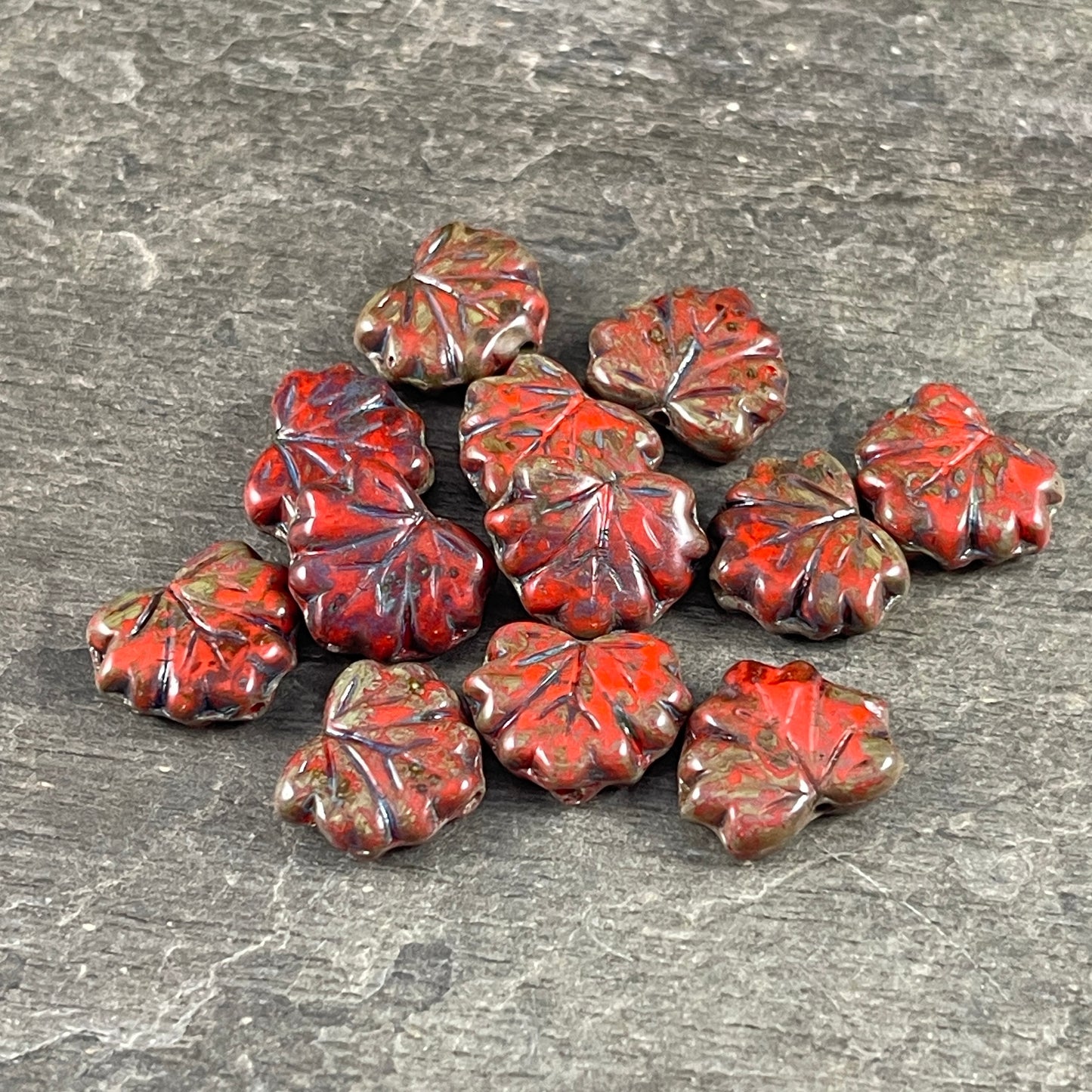 Opaque Coral Picasso Maple Leaf Beads, Travertine Picasso, 11x13mm Czech Glass Leaf Beads (ML70) * Qty. 12