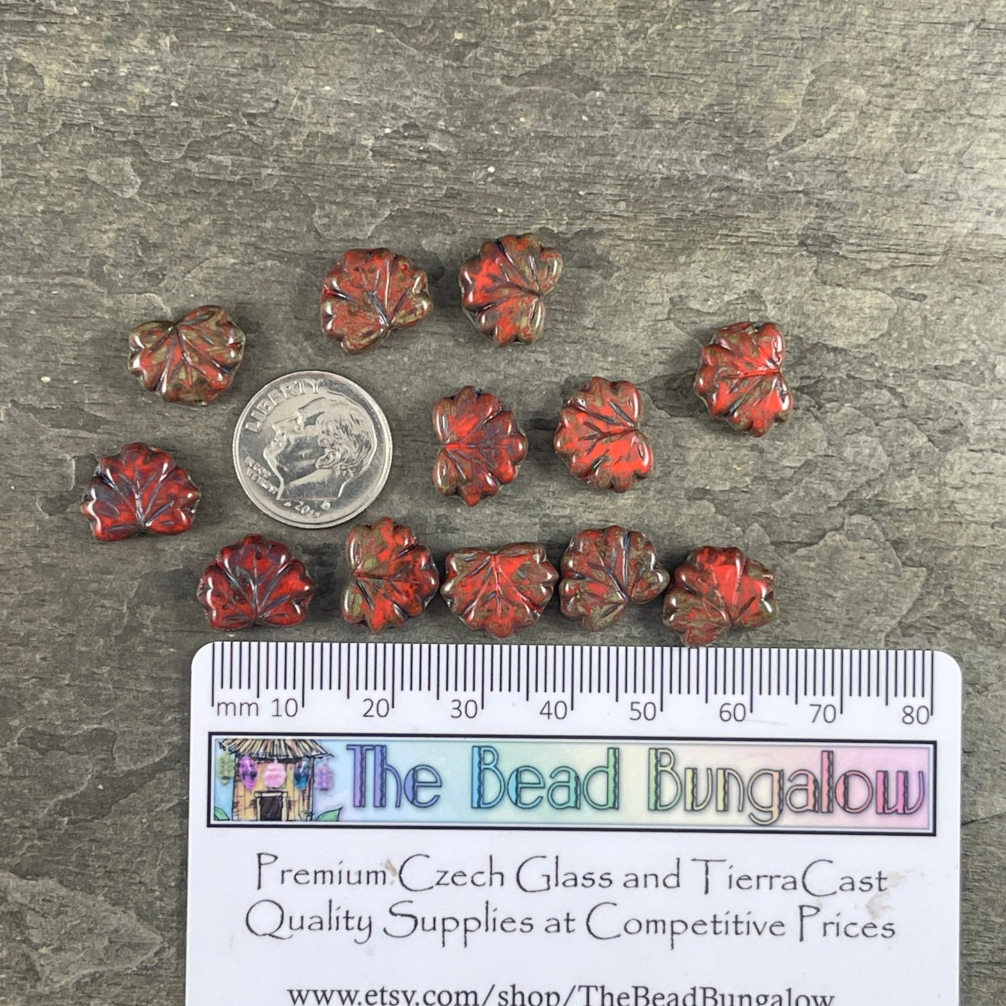 Opaque Coral Picasso Maple Leaf Beads, Travertine Picasso, 11x13mm Czech Glass Leaf Beads (ML70) * Qty. 12