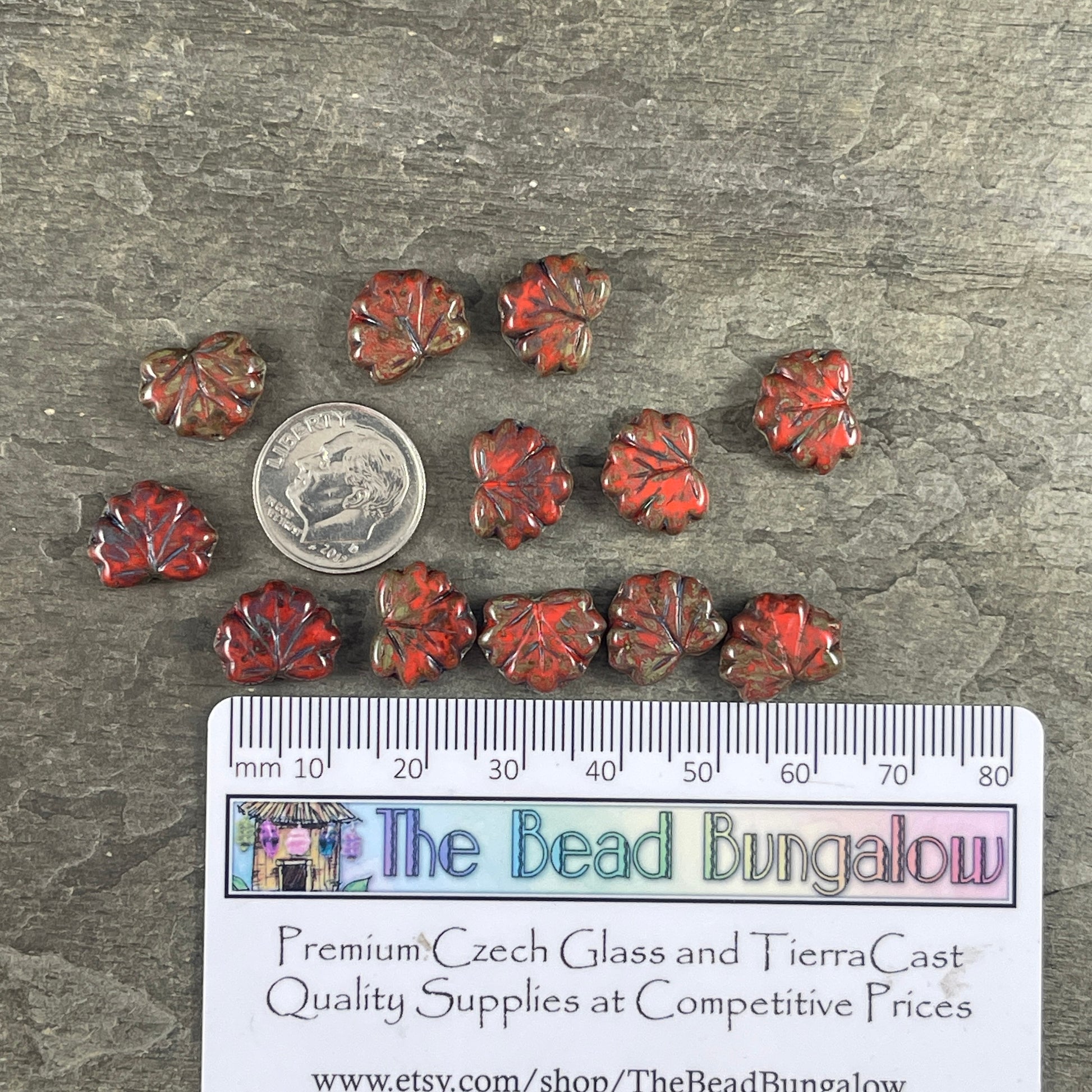 Opaque Coral Picasso Maple Leaf Beads, Travertine Picasso, 11x13mm Czech Glass Leaf Beads (ML70) * Qty. 12