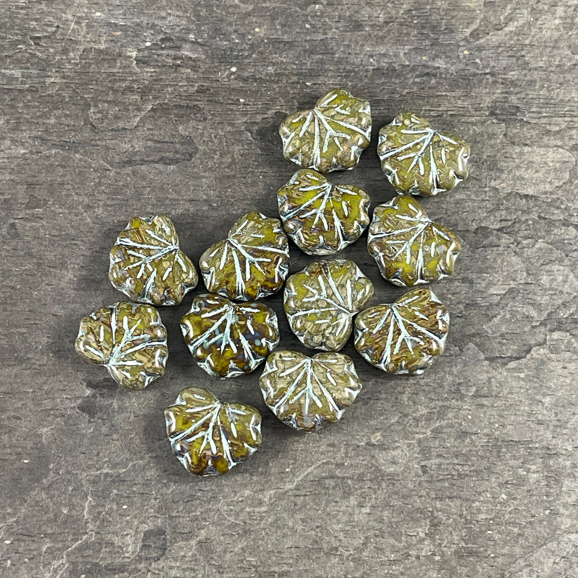 Olive Green Picasso Maple Leaf Beads, Travertine Picasso and Silver Wash, 11x13mm Czech Glass Leaf Beads (ML83) * Qty. 12