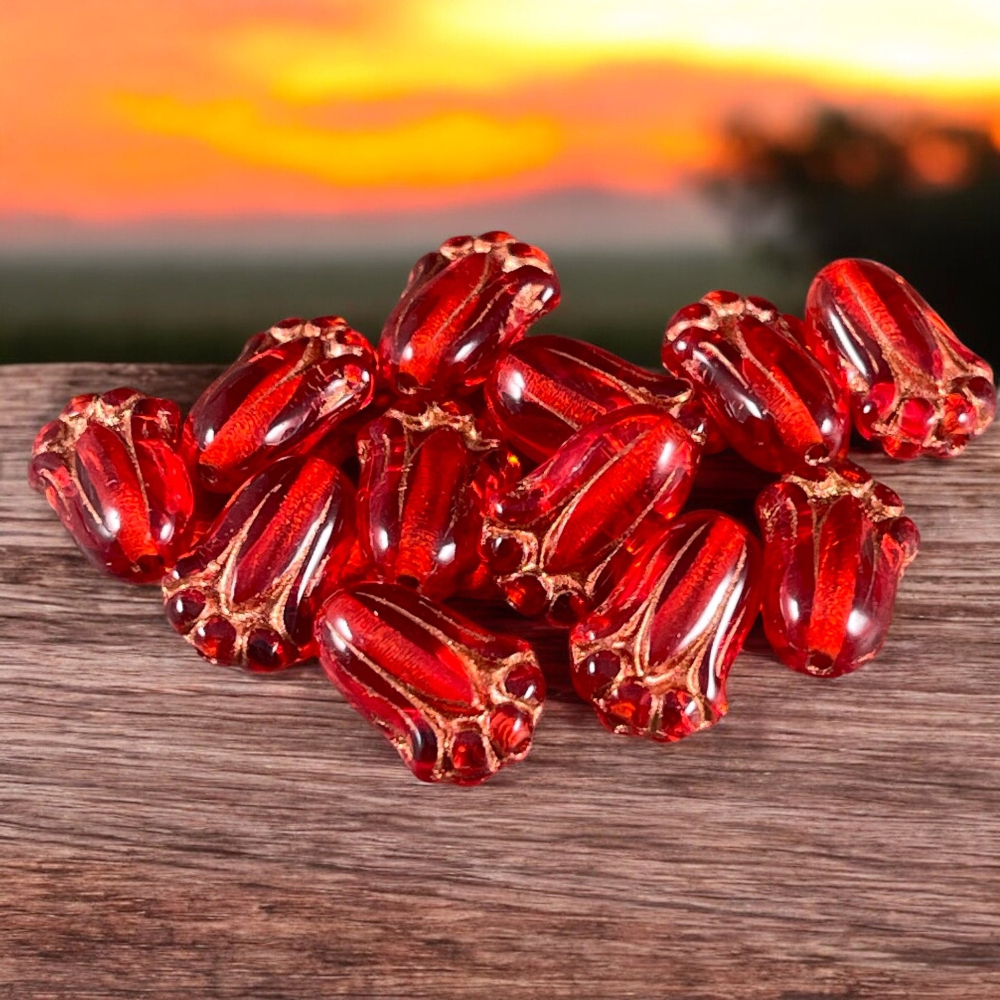 12x8mm Transparent Reddish Orange Lily Bud Czech Glass Flower Beads, Red Flower with Copper Finish (LBud48) * Qty. 12