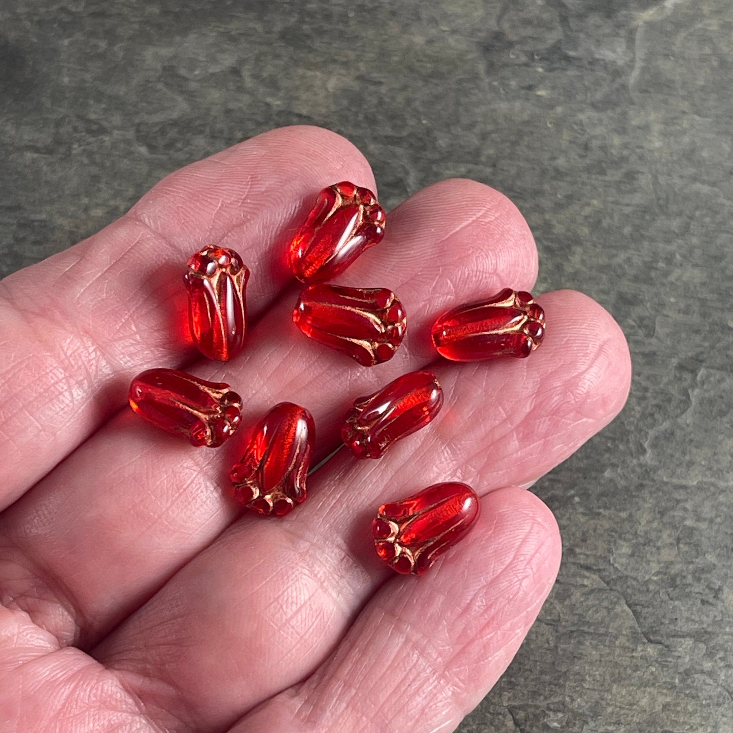 12x8mm Transparent Reddish Orange Lily Bud Czech Glass Flower Beads, Red Flower with Copper Finish (LBud48) * Qty. 12