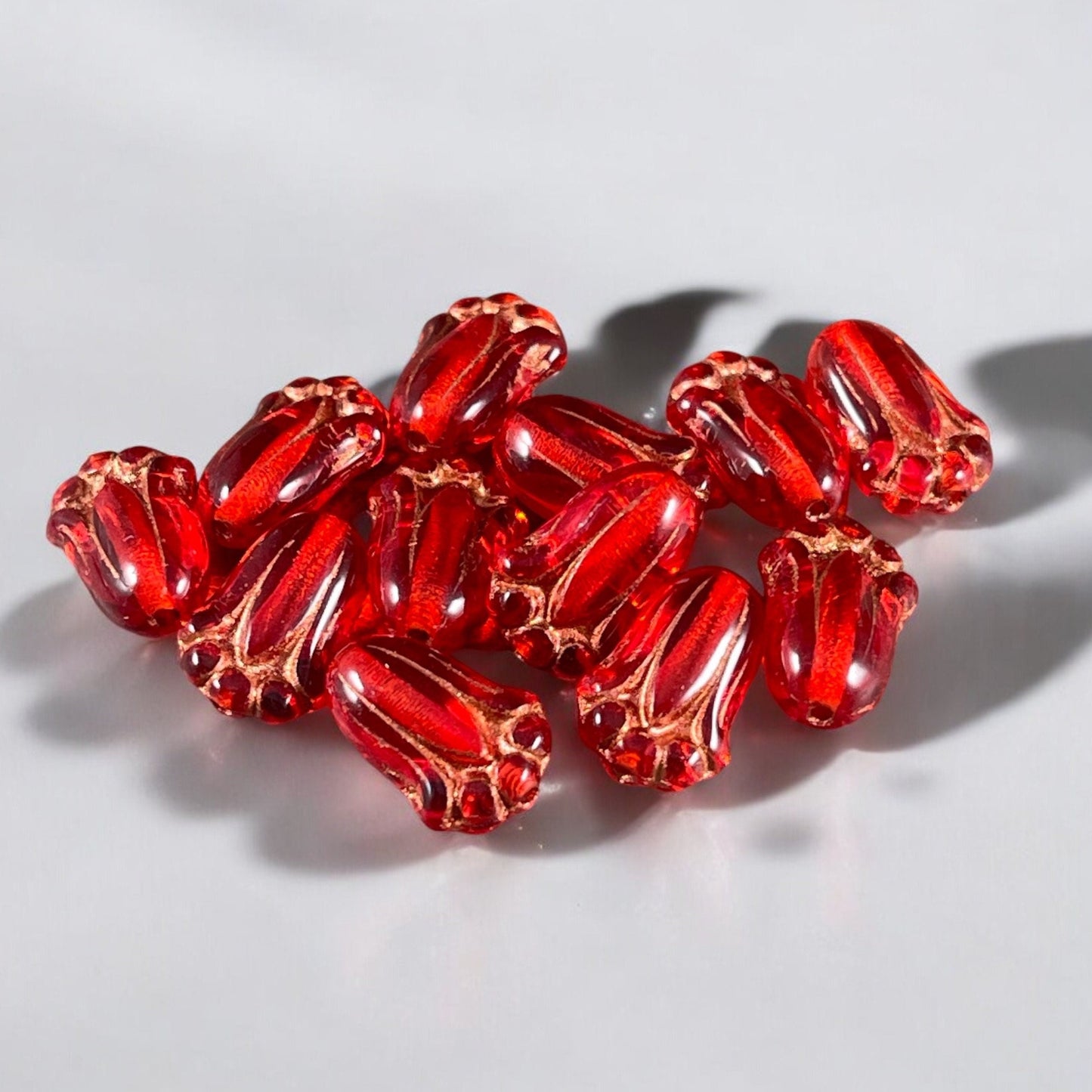 12x8mm Transparent Reddish Orange Lily Bud Czech Glass Flower Beads, Red Flower with Copper Finish (LBud48) * Qty. 12