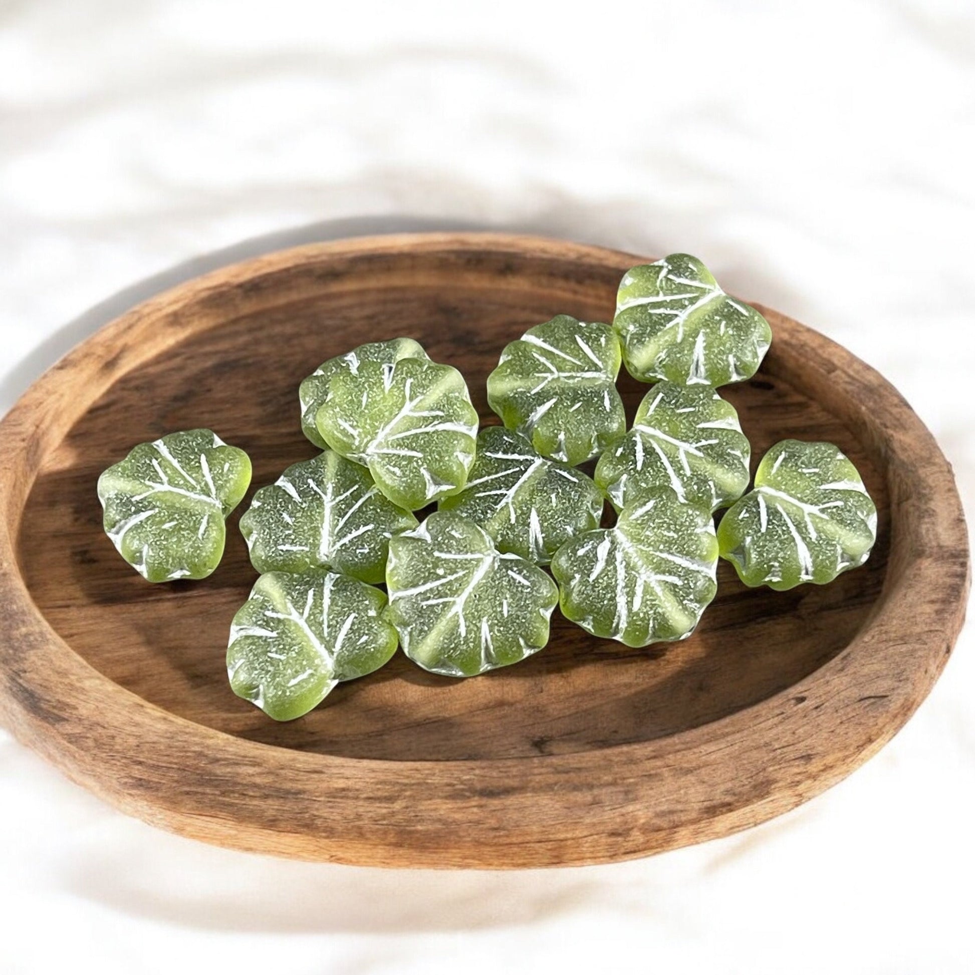 Green Maple Leaf Beads, 11x13mm Czech Glass Leaf Beads, Matte Peridot Green Leaf with Silver Wash (ML81) * Qty. 12