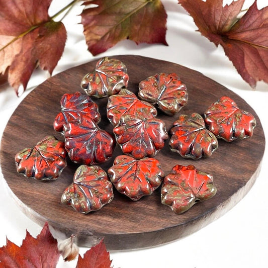 Opaque Coral Picasso Maple Leaf Beads, Travertine Picasso, 11x13mm Czech Glass Leaf Beads (ML70) * Qty. 12