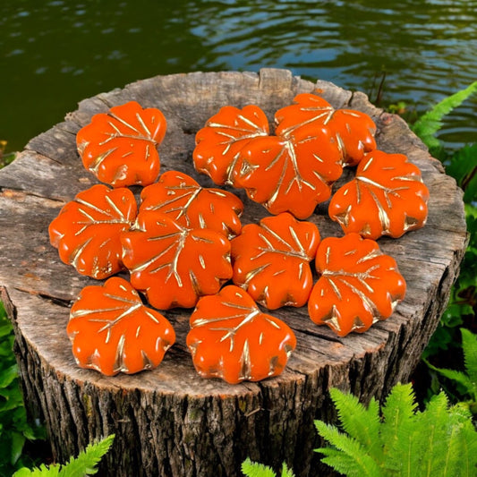 Orange Maple Leaf Beads, Opaque Orange with Gold Wash, 11x13mm Czech Glass Leaf Beads (ML82) * Qty. 12