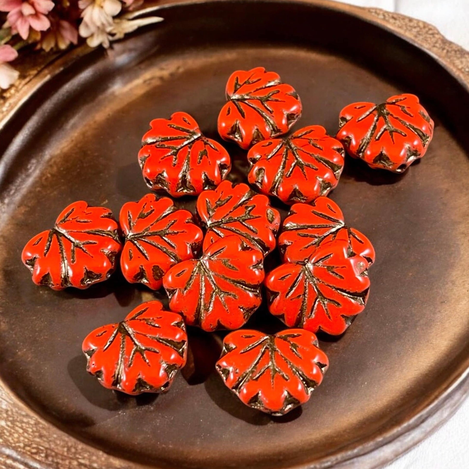 Dark Orange Maple Leaf Beads, Opaque Orange with Bronze Wash 11x13mm Czech Glass Leaf Beads (ML71) * Qty. 12