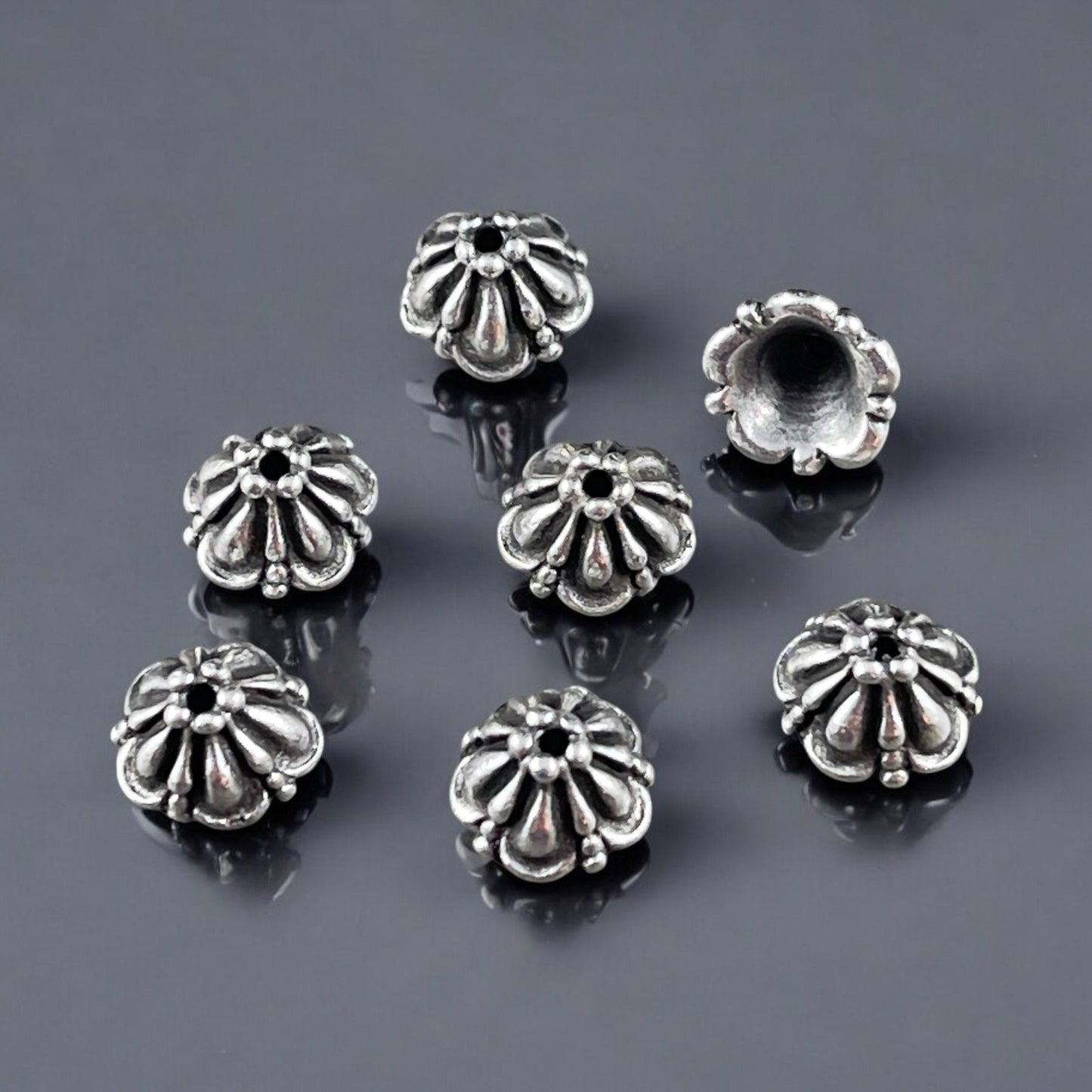 NEW 8mm Tiffany Bead Caps Decorative Antiqued Fine Silver Plated Bead Caps (PF/778-77) * Qty. 6