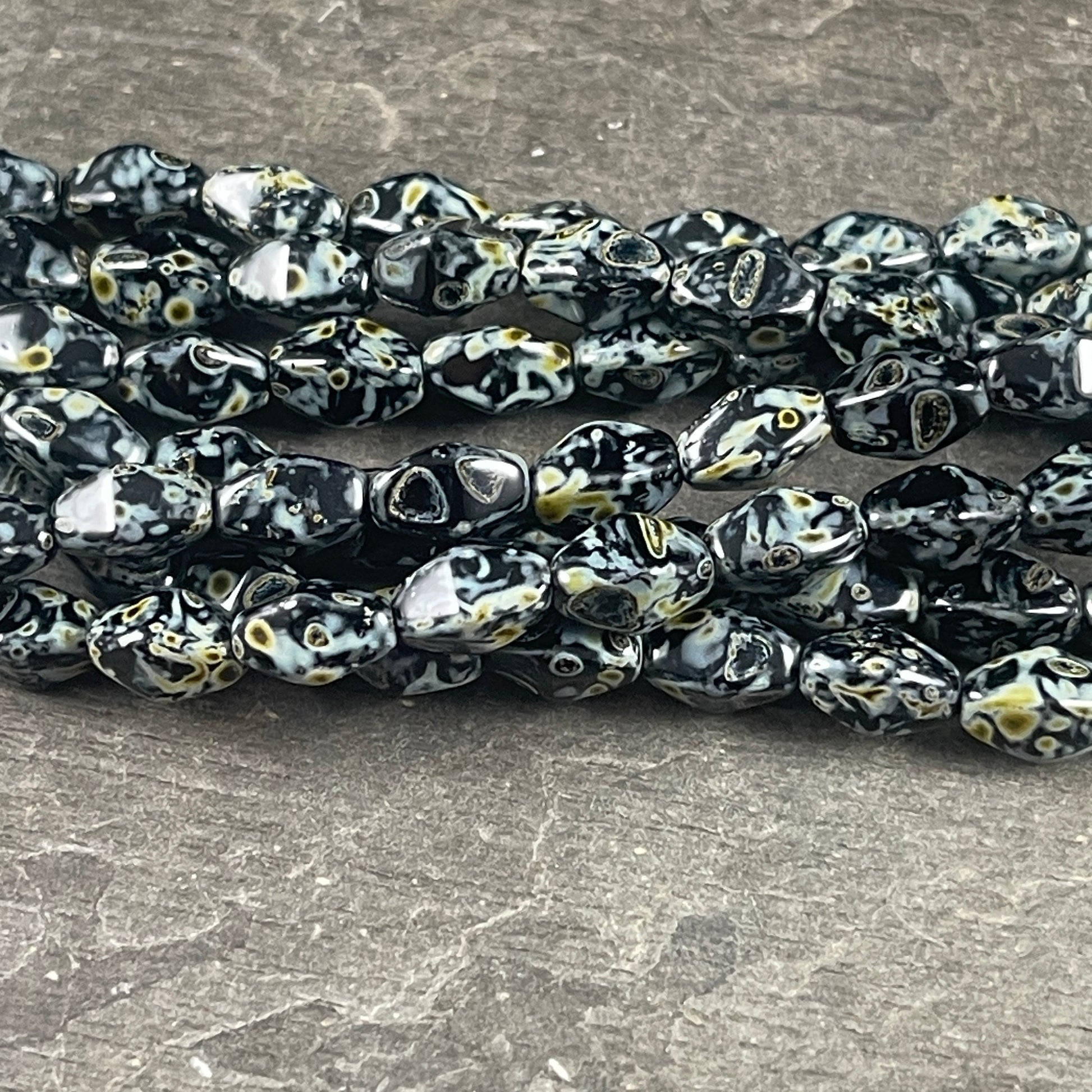 Black Picasso Beads, Elongated Bicone - 8x6mm Czech Glass Beads, Black with Full Picasso Finish (EB2) * Qty. 16