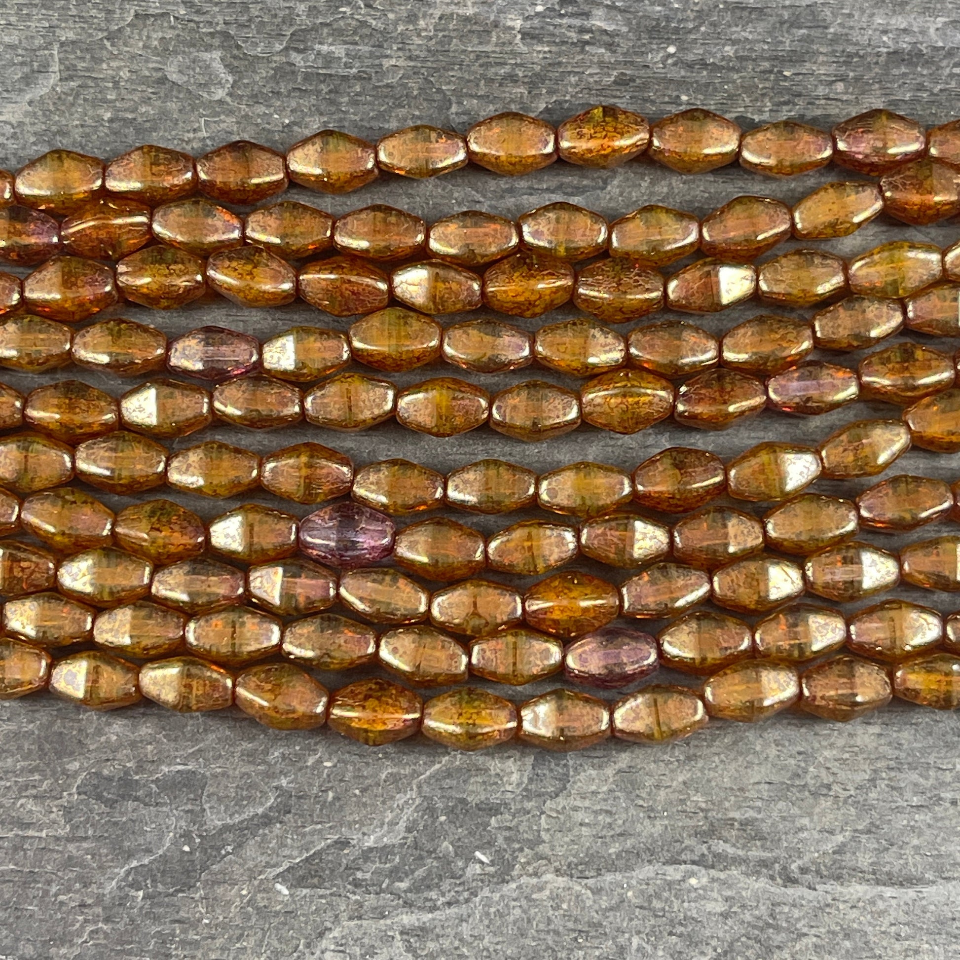 Semi-Transparent Caramel with Bronze Luster, Czech Glass Beads, 8x6mm Elongated Bicone (EB8) * Qty. 16