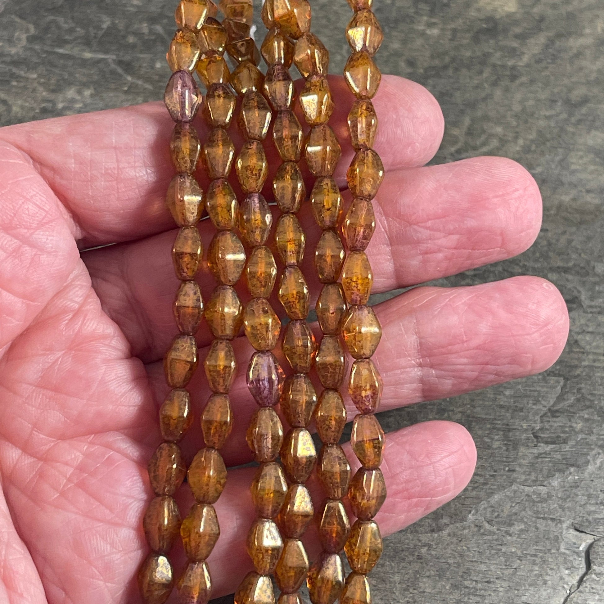 Bronze Picasso Czech Glass Beads, 8x6mm Semi-Transparent Brown Elongated Bicone (EB6) * Qty. 16