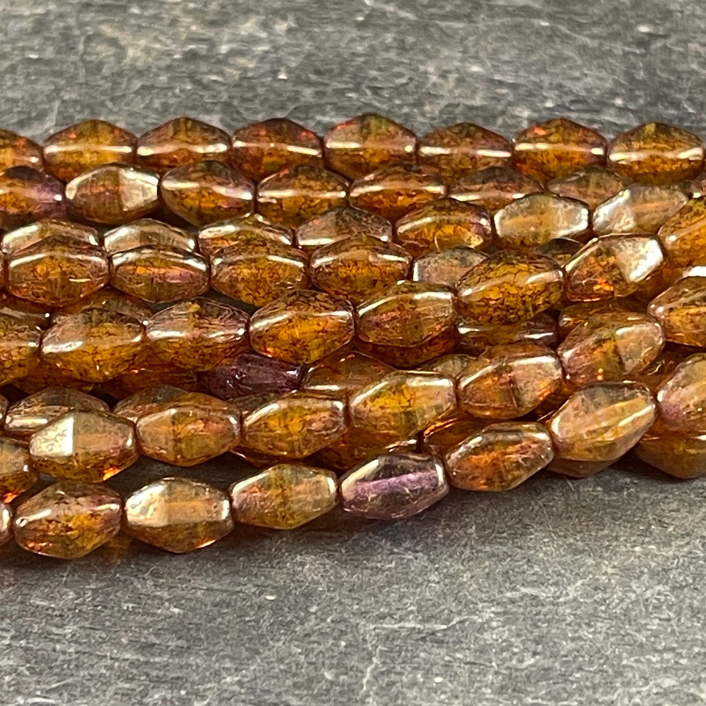 Bronze Picasso Czech Glass Beads, 8x6mm Semi-Transparent Brown Elongated Bicone (EB6) * Qty. 16