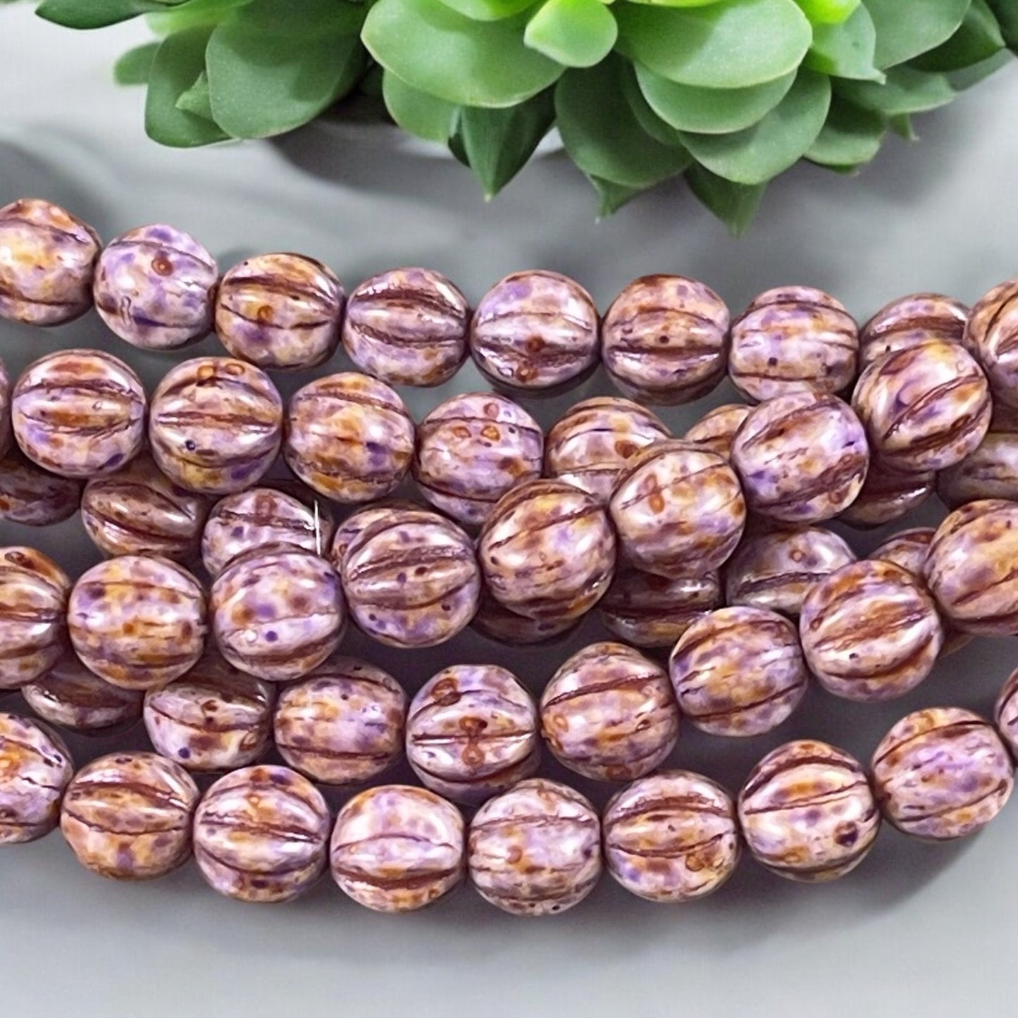 Purple Picasso Czech Glass 6mm Melon Bead, Opaque Alabaster Lilac Round Beads (ML6/89) * Qty. 24