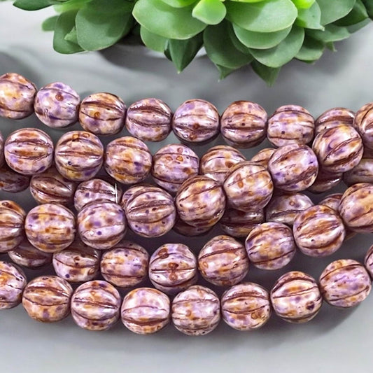 Czech Glass Beads - 6mm Melon Bead, Opaque Alabaster Lilac Picasso (ML6/89) * Qty. 25