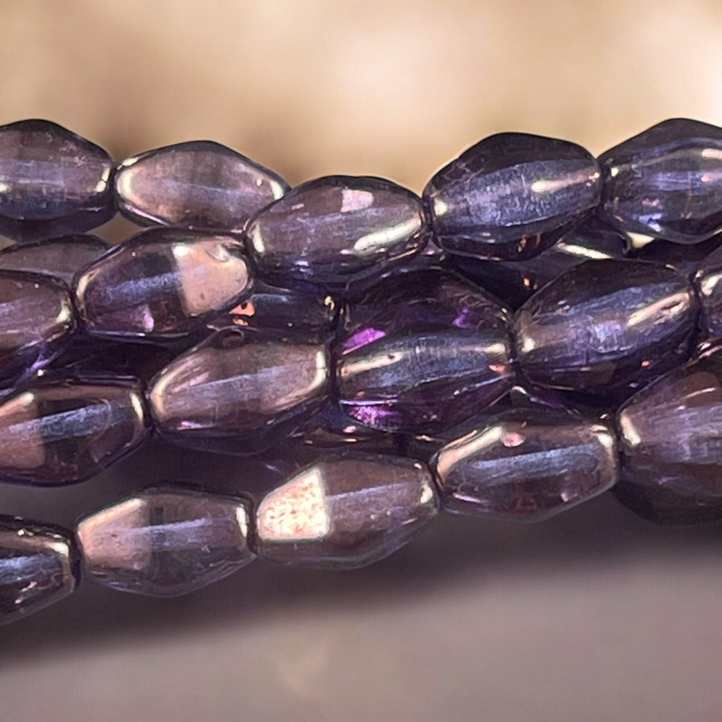 Semi-Transparent Purple Luster Czech Glass Beads, 8x6mm Blue Iris Elongated Bicone (EB3) * Qty. 16