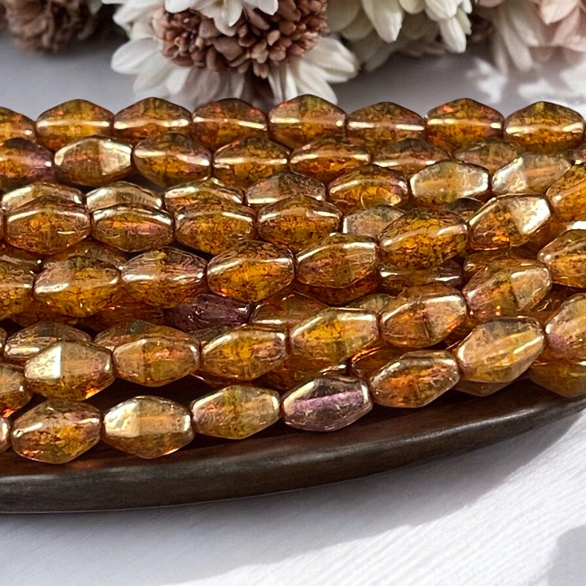 Bronze Picasso Czech Glass Beads, 8x6mm Semi-Transparent Brown Elongated Bicone (EB6) * Qty. 16