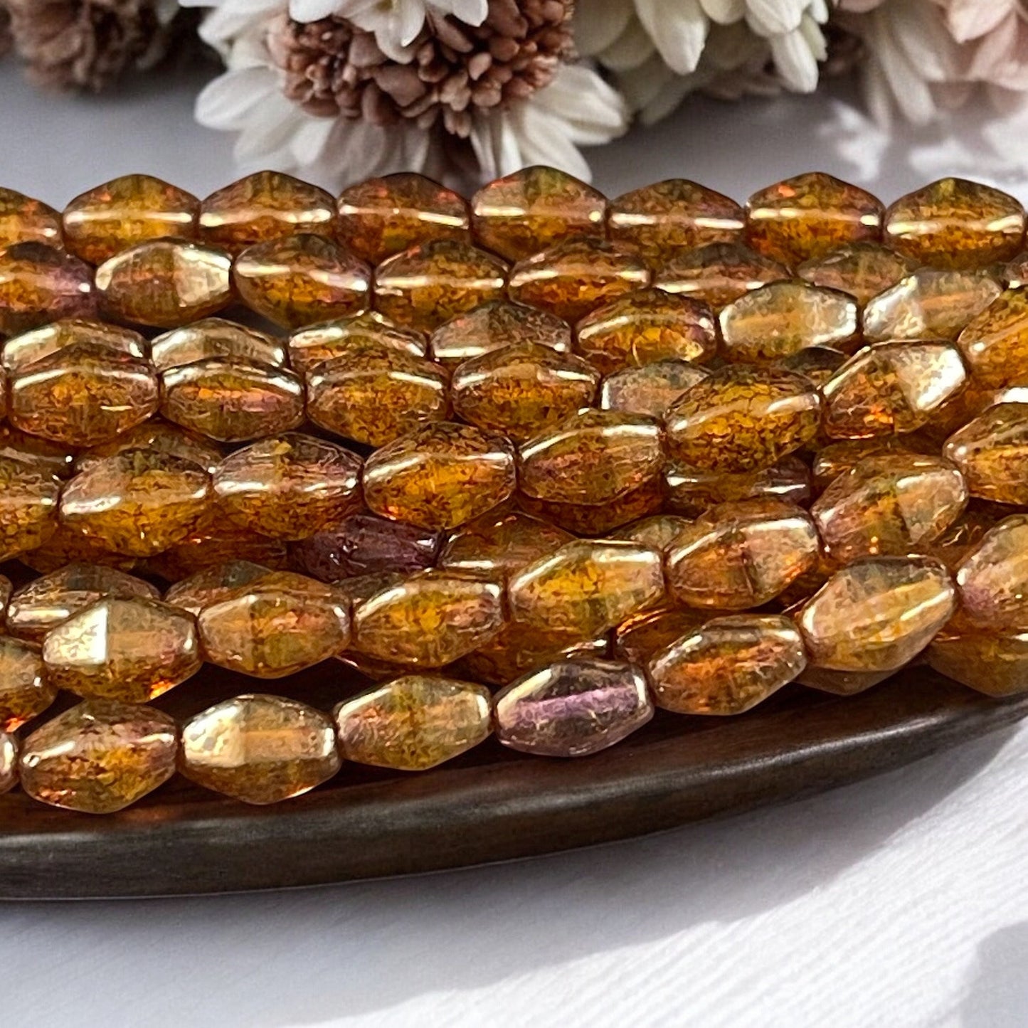 Brown Picasso Czech Glass Beads, 8x6mm Semi-Transparent Golden Brown Elongated Bicone (EB6) * Qty. 16