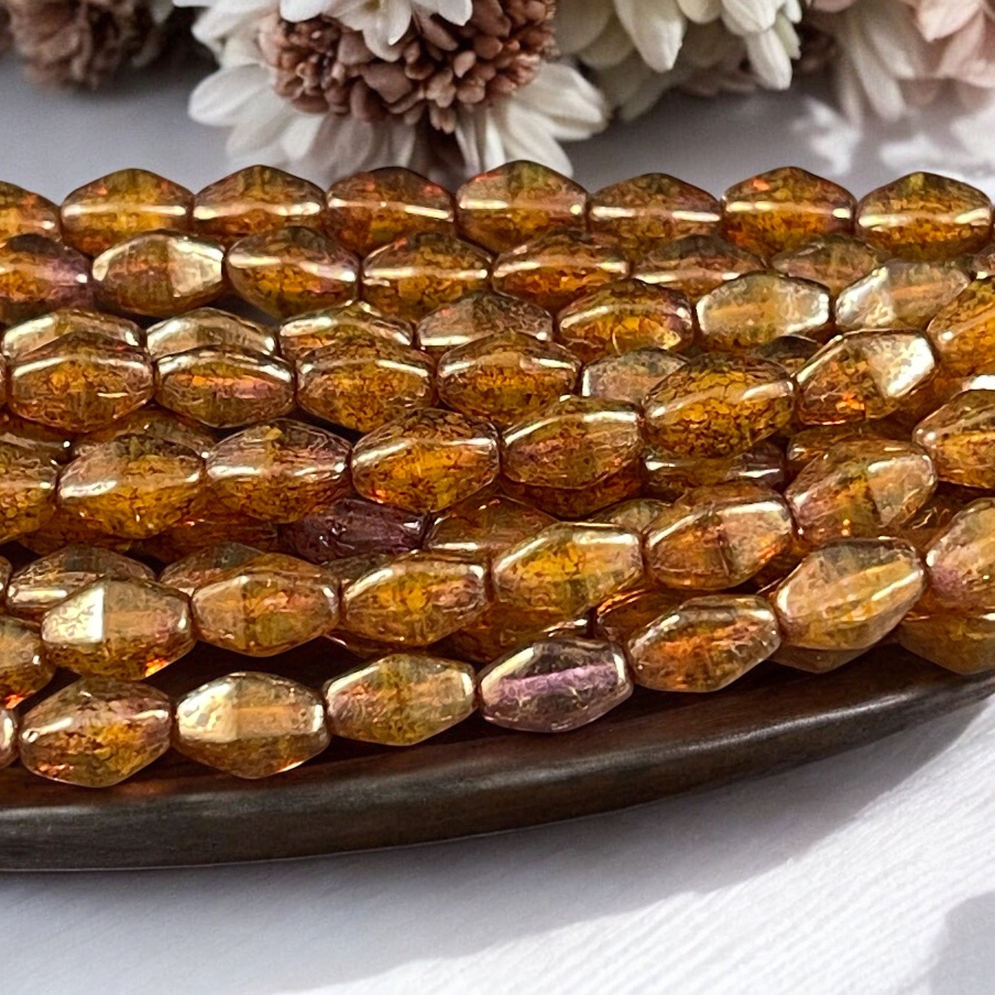 Brown Picasso Czech Glass Beads, 8x6mm Semi-Transparent Golden Brown Elongated Bicone (EB6) * Qty. 16
