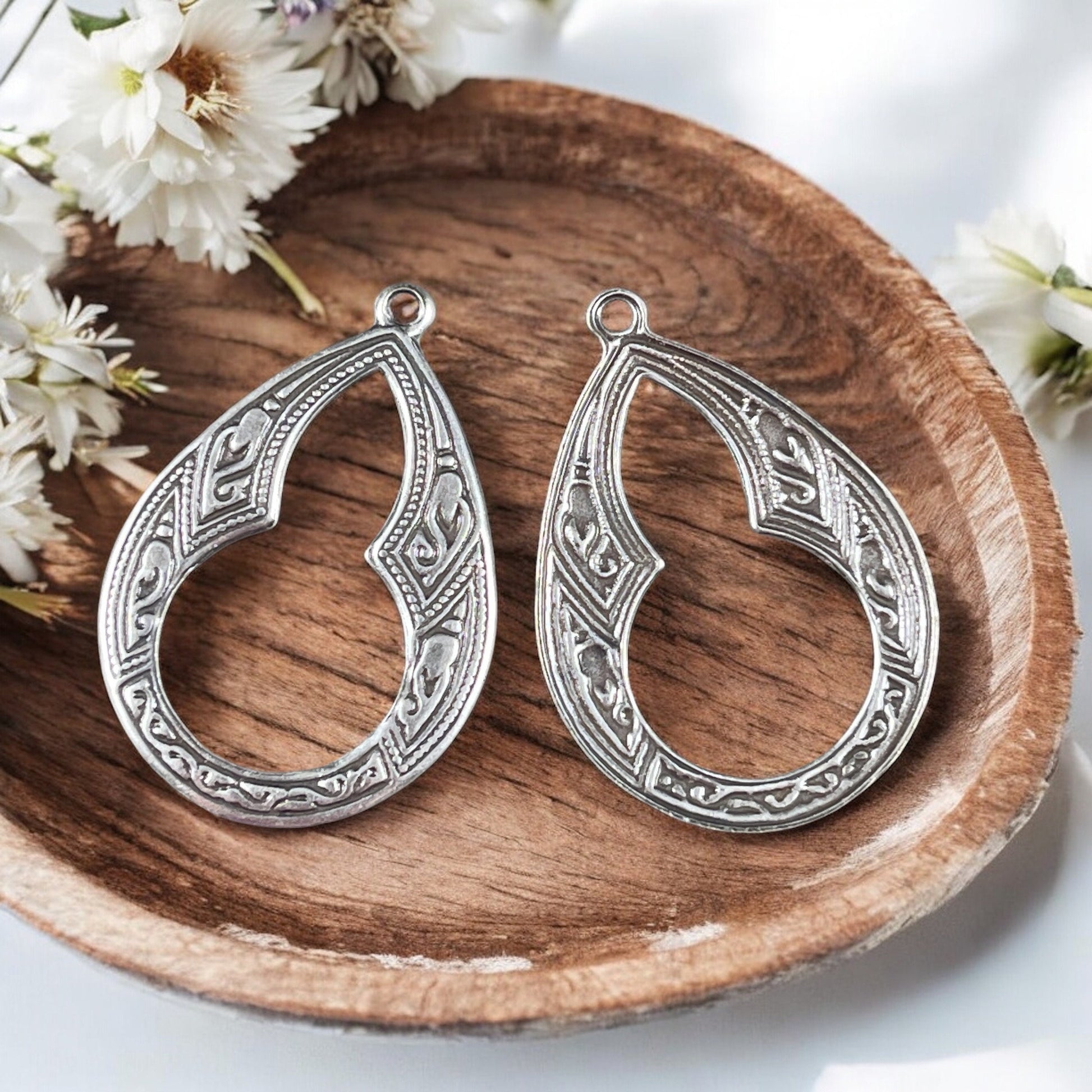 Moroccan Style Oxidized Silver Teardrop Charm Earring Charms Bohemian Silver Drops 29mm Lightweight Charms (M32s) * Qty. 2