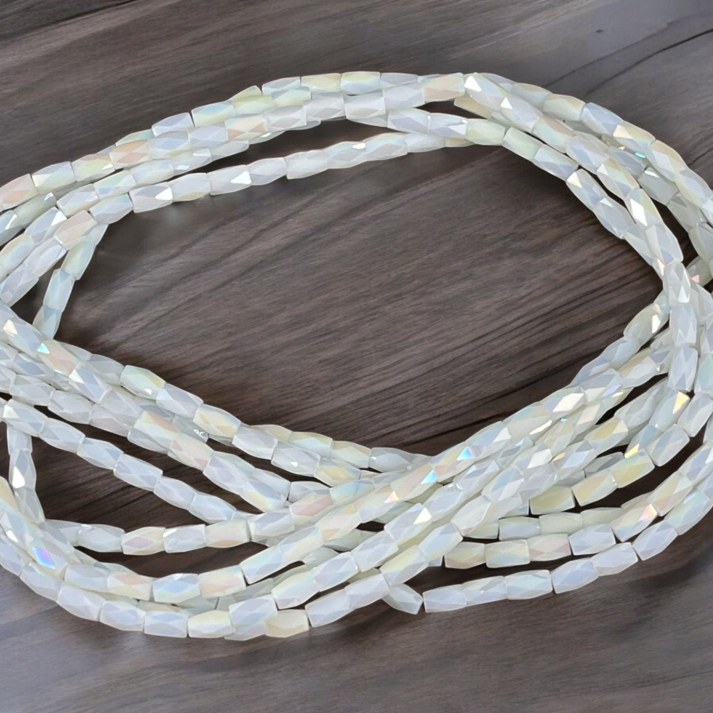 Opaque White AB 5mm Faceted Tube Beads, Shiny White Glass Bead, 5x3mm Tube Beads (FGT-OWAB1) * 17" Strand